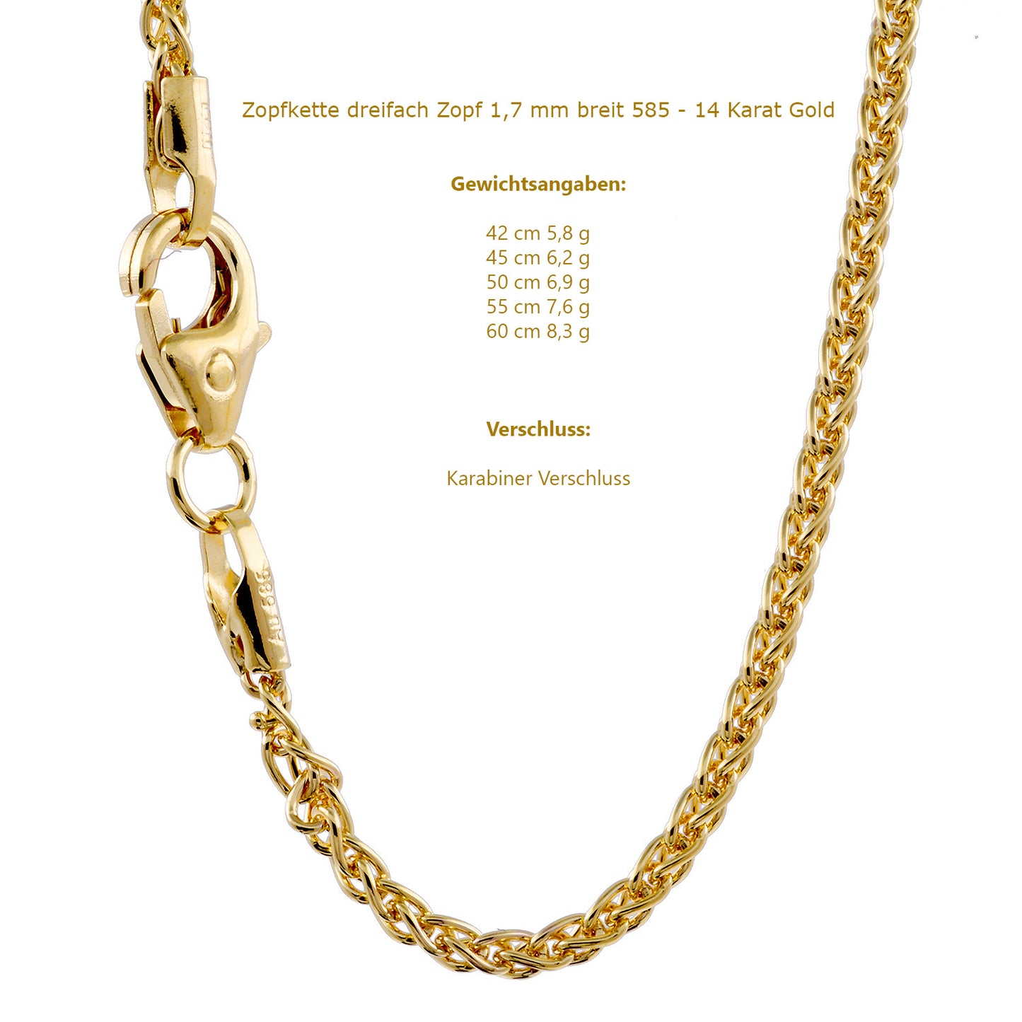 Goldkette Zopfkette Halskette Breite 1,7 mm massiv 585 - 14 Karat Gold