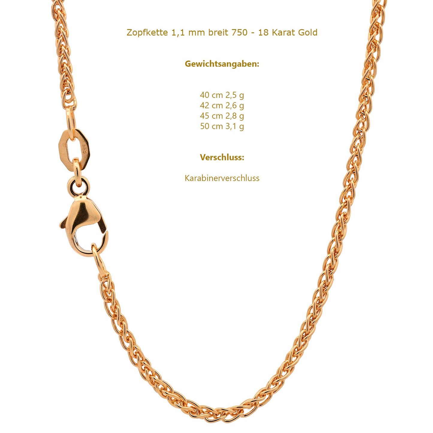 Goldkette Zopfkette Halskette Breite 1,1 mm massiv 750 - 18 Karat Gold