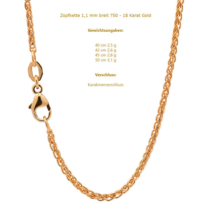 Goldkette Zopfkette Halskette Breite 1,1 mm massiv 750 - 18 Karat Gold