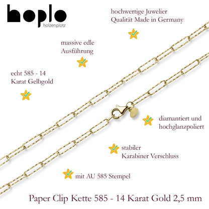 Goldkette Paper Clip Halskette Breite 2,5 mm massiv 585-14 Karat Gold