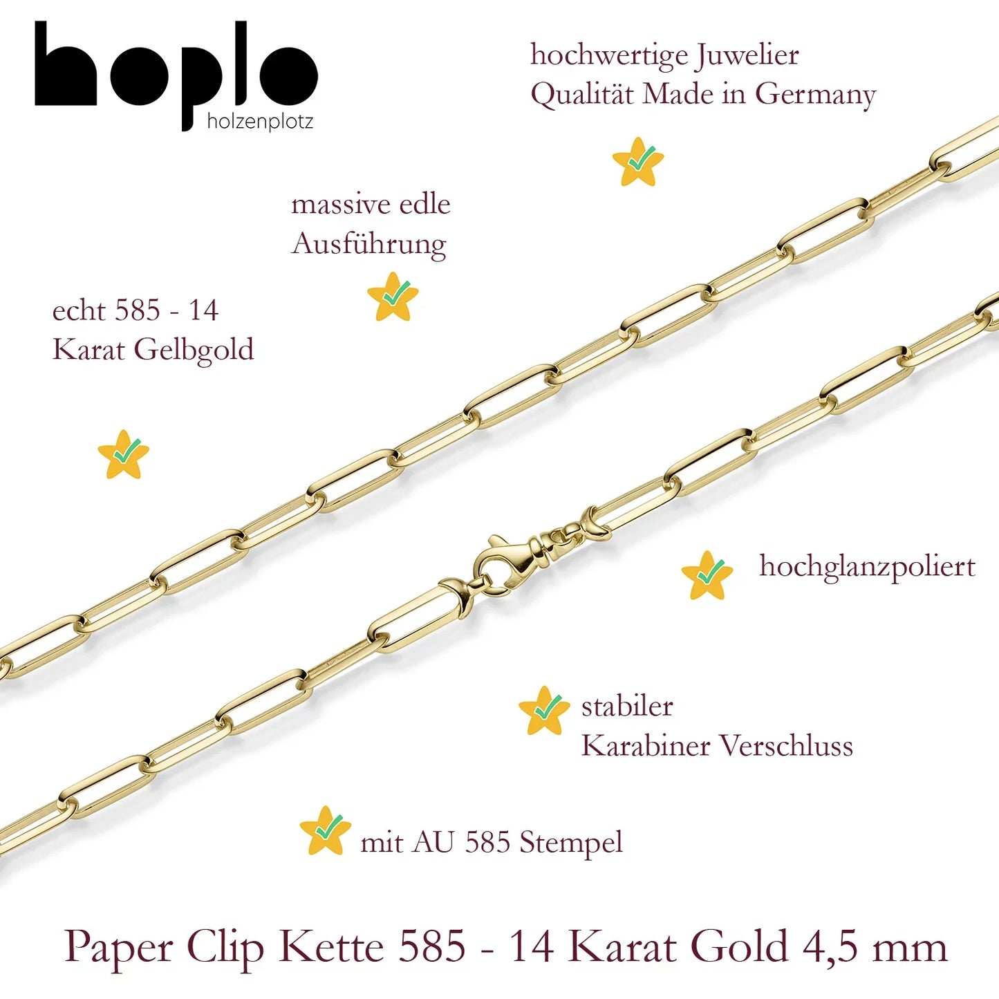 Goldkette Paper Clip Halskette Breite 4,5 mm massiv 585-14 Karat Gold