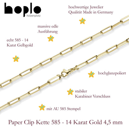 Goldkette Paper Clip Halskette Breite 4,5 mm massiv 585-14 Karat Gold