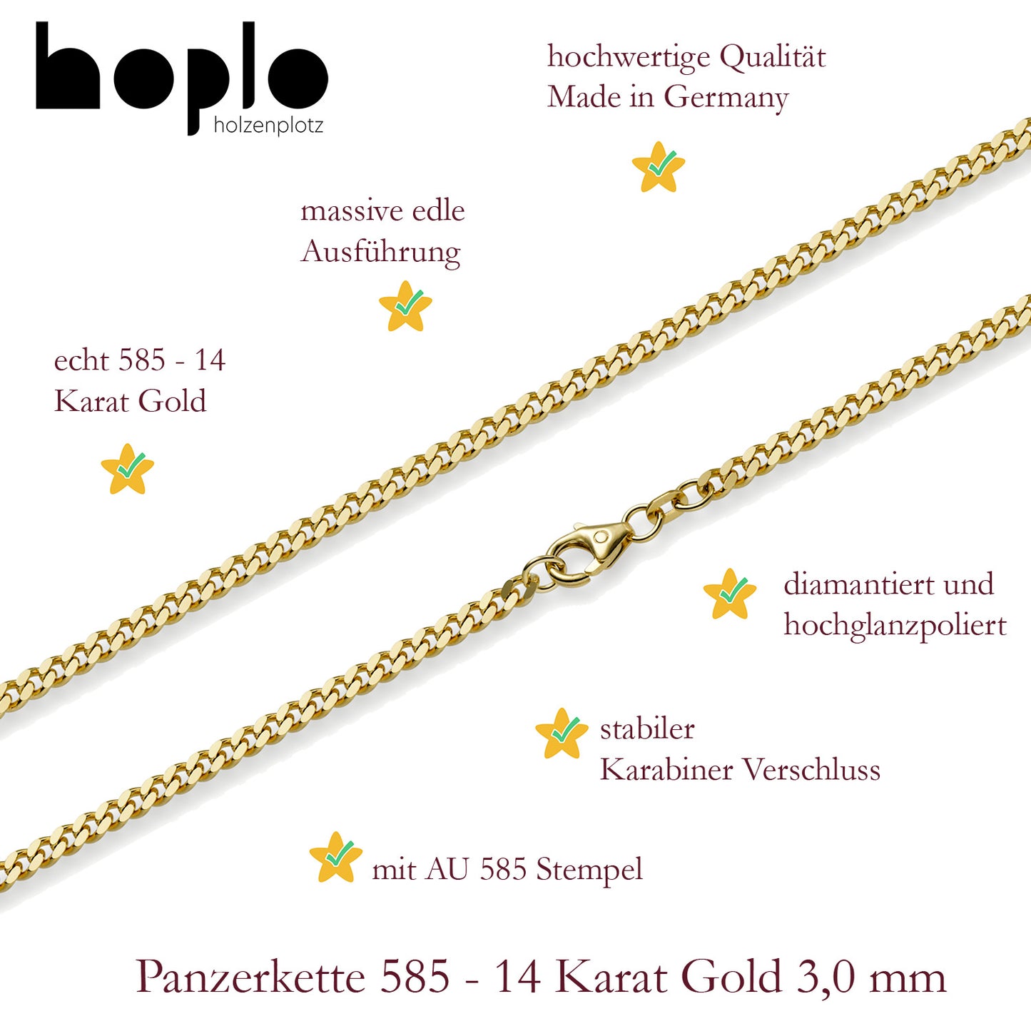 Panzerkette Halskette Breite 3,0 mm - 585 - 14 Karat Gold Auswahl