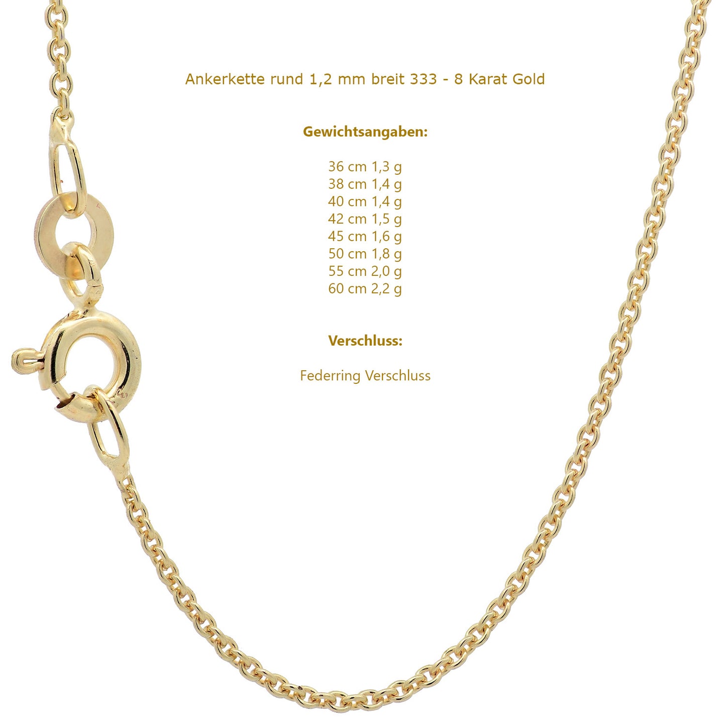 Goldkette Ankerkette rund edle Halskette  massiv 333 - 8 Karat Gold