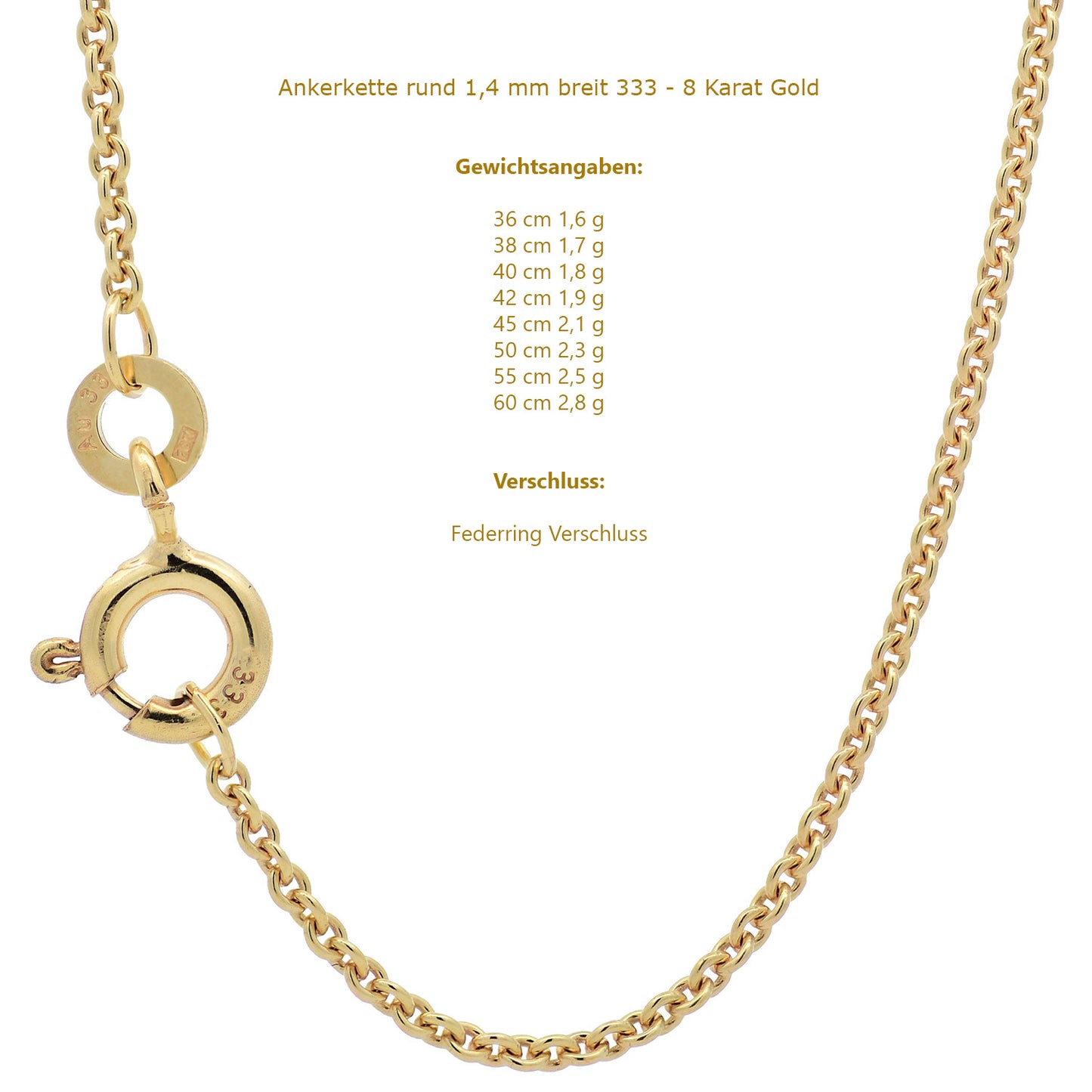 Goldkette Ankerkette rund edle Halskette  massiv 333 - 8 Karat Gold