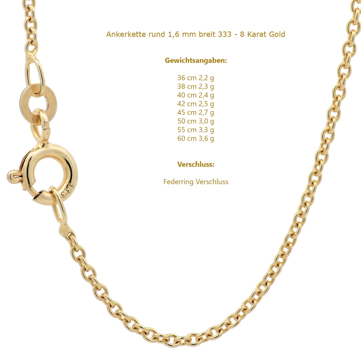 Goldkette Ankerkette rund edle Halskette  massiv 333 - 8 Karat Gold