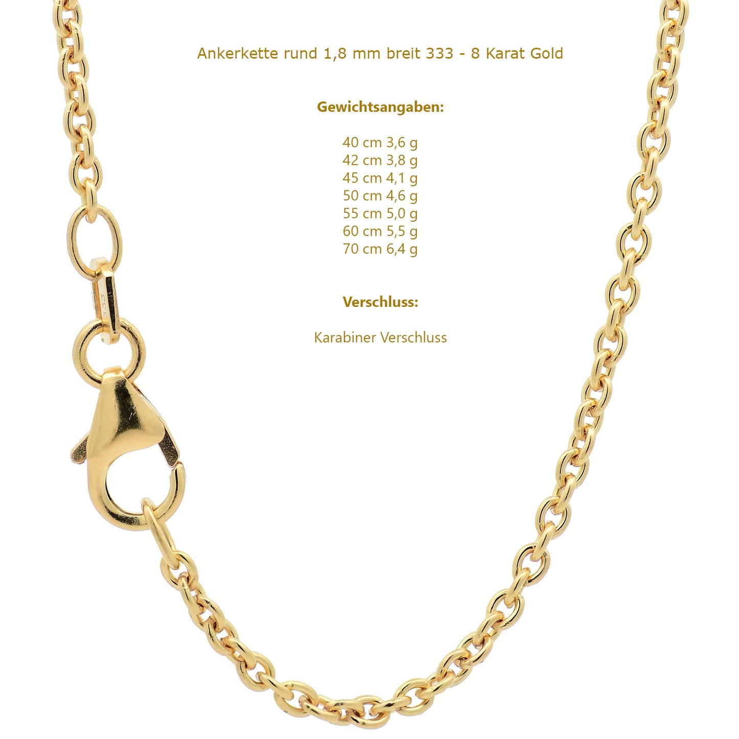 Goldkette Ankerkette rund edle Halskette  massiv 333 - 8 Karat Gold