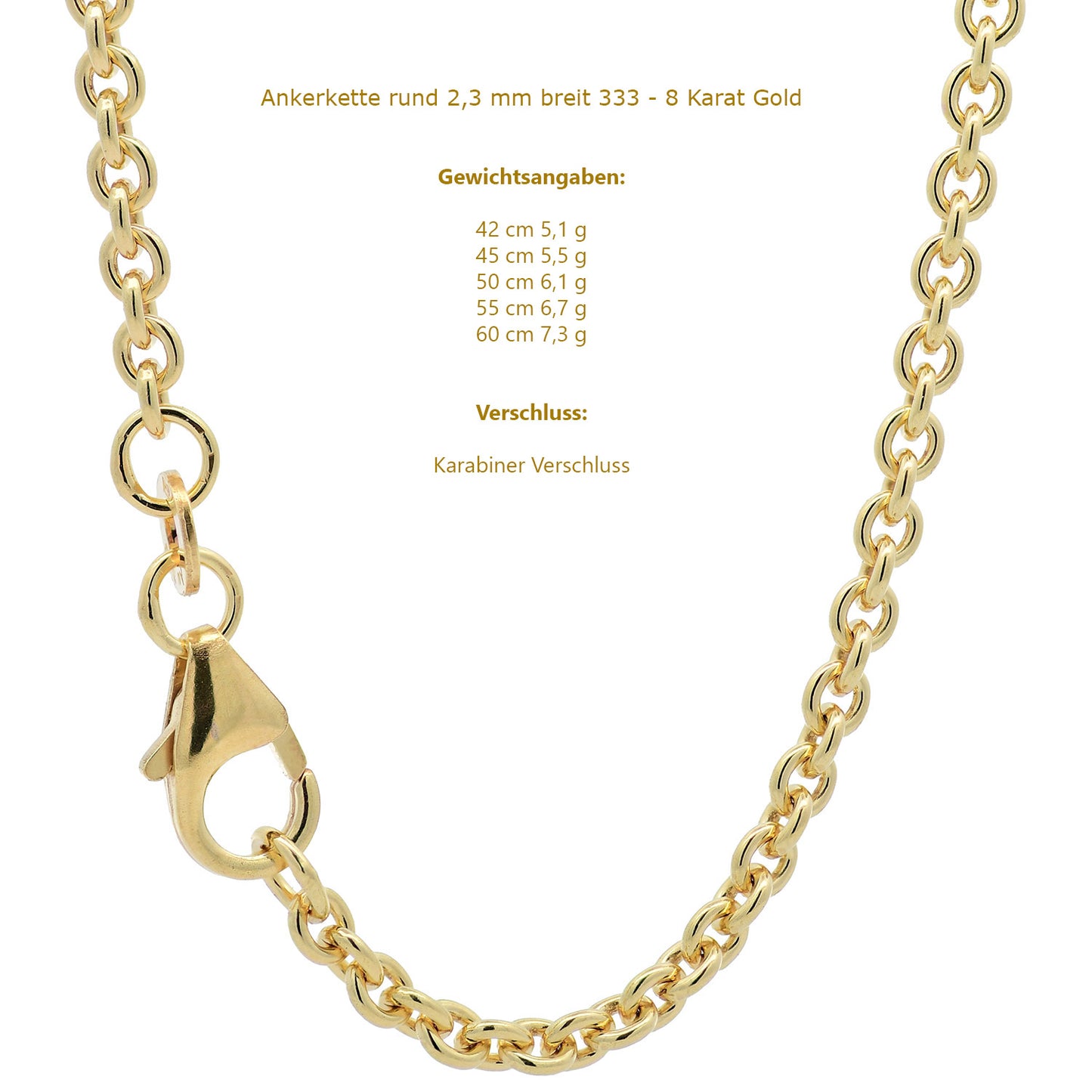 Goldkette Ankerkette rund edle Halskette  massiv 333 - 8 Karat Gold