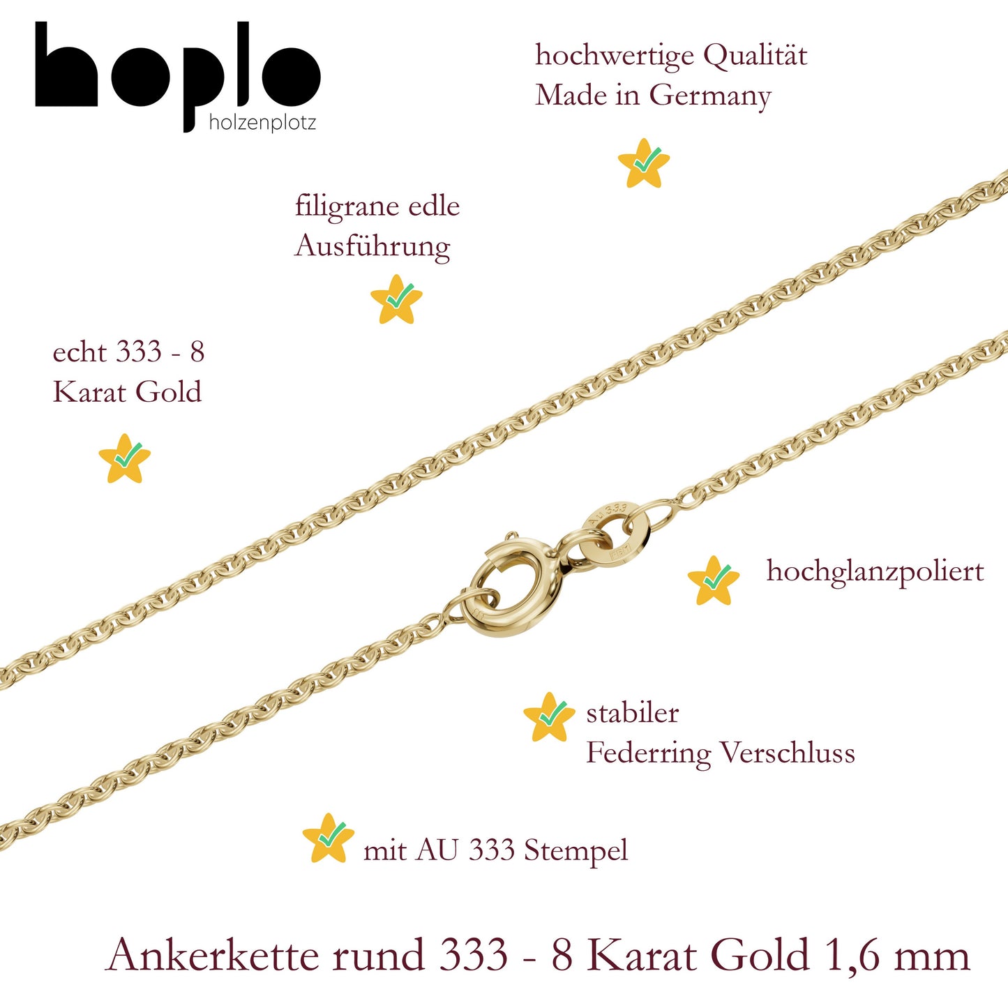 Goldkette Ankerkette rund edle Halskette  massiv 333 - 8 Karat Gold