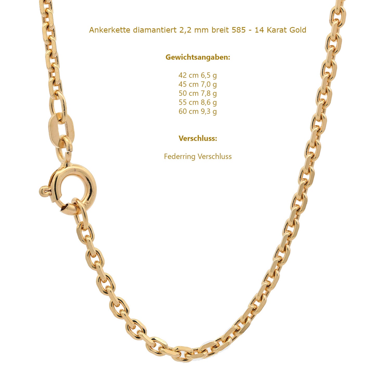 Goldkette Ankerkette diamantiert Halskette 2,2 mm - 585-14 Karat Gold