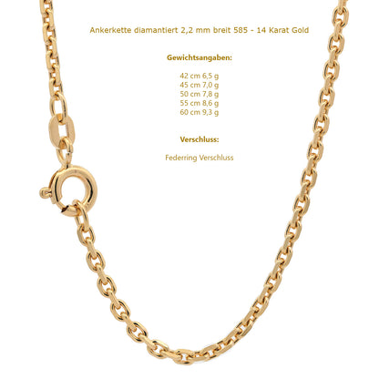 Goldkette Ankerkette diamantiert Halskette 2,2 mm - 585-14 Karat Gold