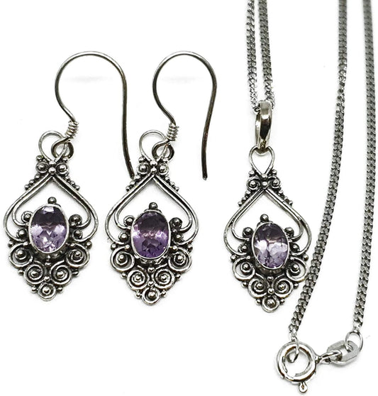 Jugendstil Schmuckset Amethyst Stein Silberkette, Ohrringe Schmuck Anhänger 925er Silber, Lila 