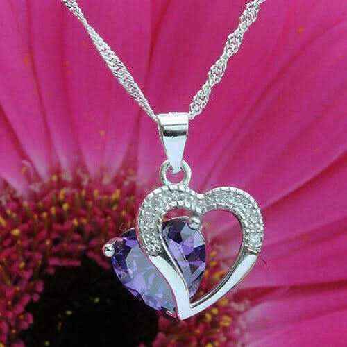 Anhänger Herz mit violettem Zirkonia Herz Crystal mit Singapurkette 92
