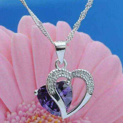Anhänger Herz mit violettem Zirkonia Herz Crystal mit Singapurkette 92