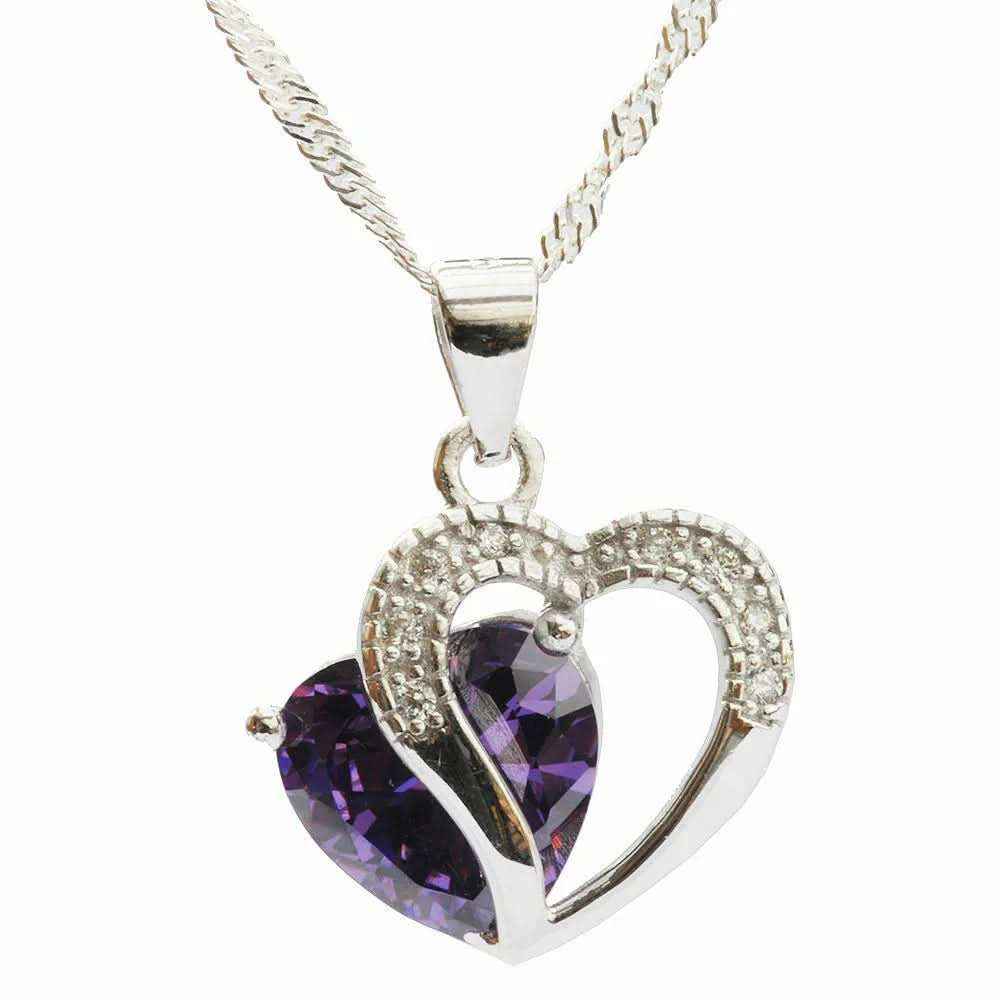 Anhänger Herz mit violettem Zirkonia Herz Crystal mit Singapurkette 92