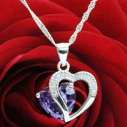 Anhänger Herz mit violettem Zirkonia Herz Crystal mit Singapurkette 92