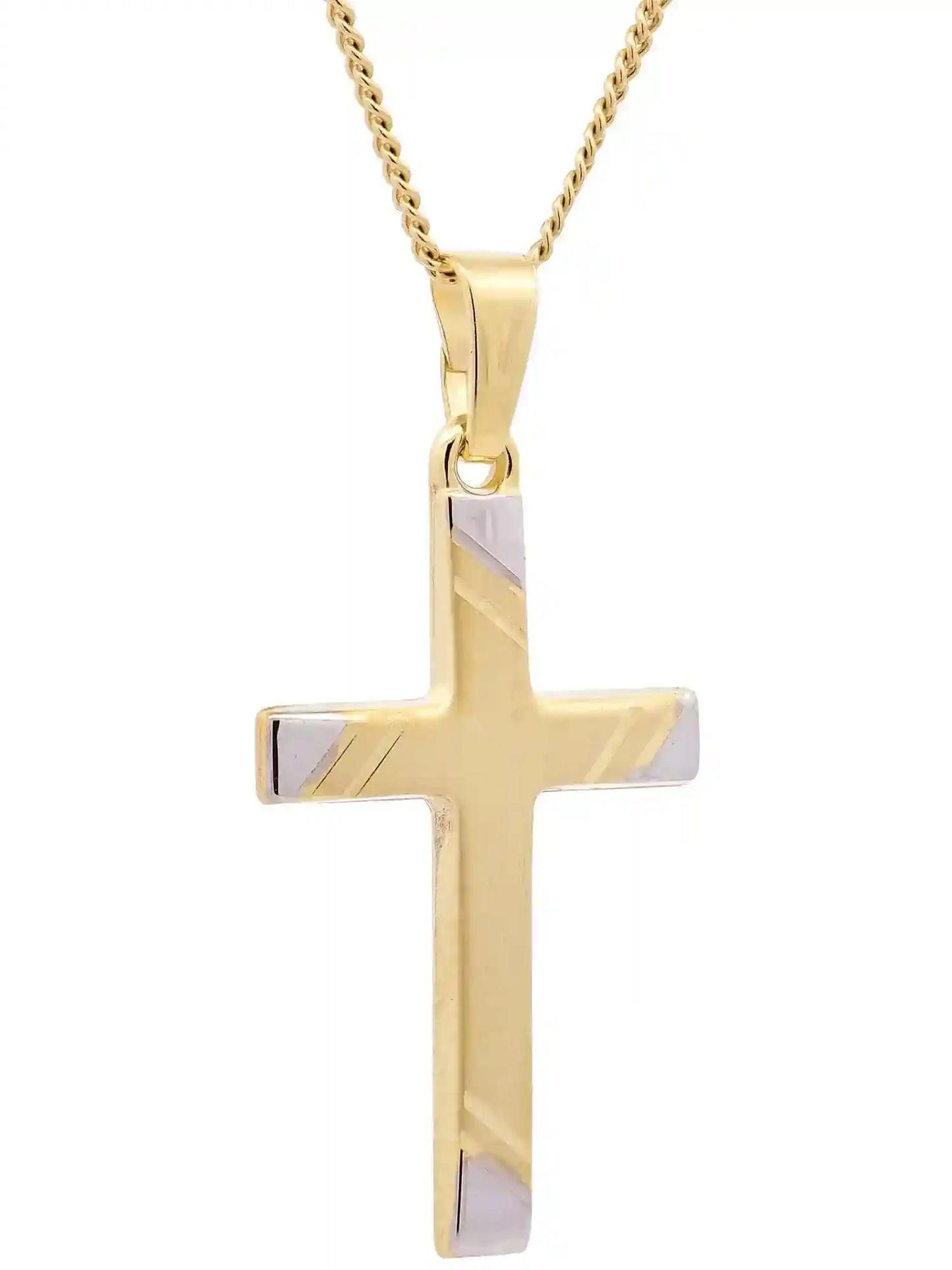 Anhänger Kreuz 333 Gold rhodiniert mit vergoldeter Silberkette - Firma Holzenplotz - Silberketten-Goldketten.de 