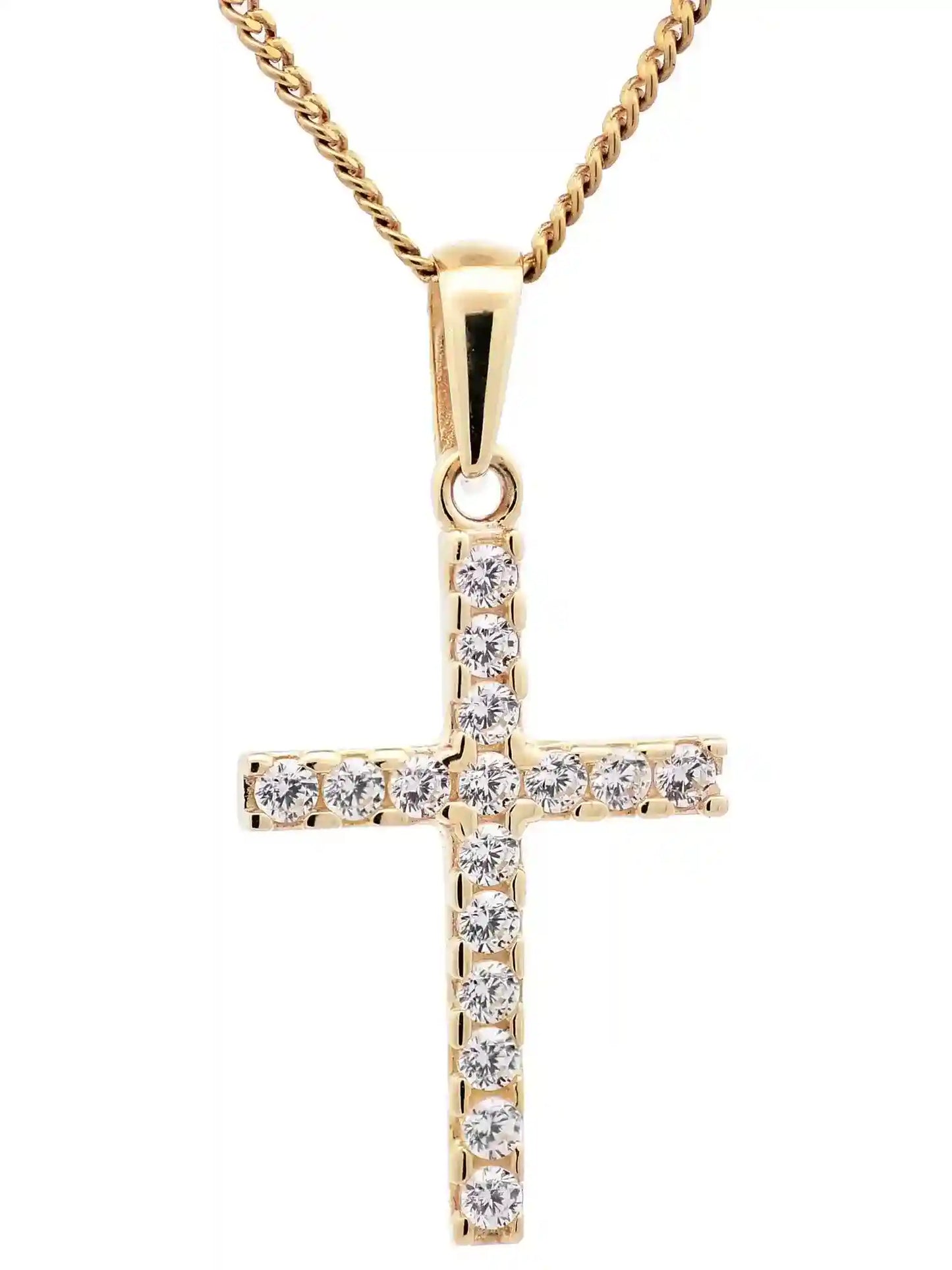 Anhänger Kreuz Zirkonia 333-8 Karat Gold mit vergoldeter Silberkette - Firma Holzenplotz - Silberketten-Goldketten.de 