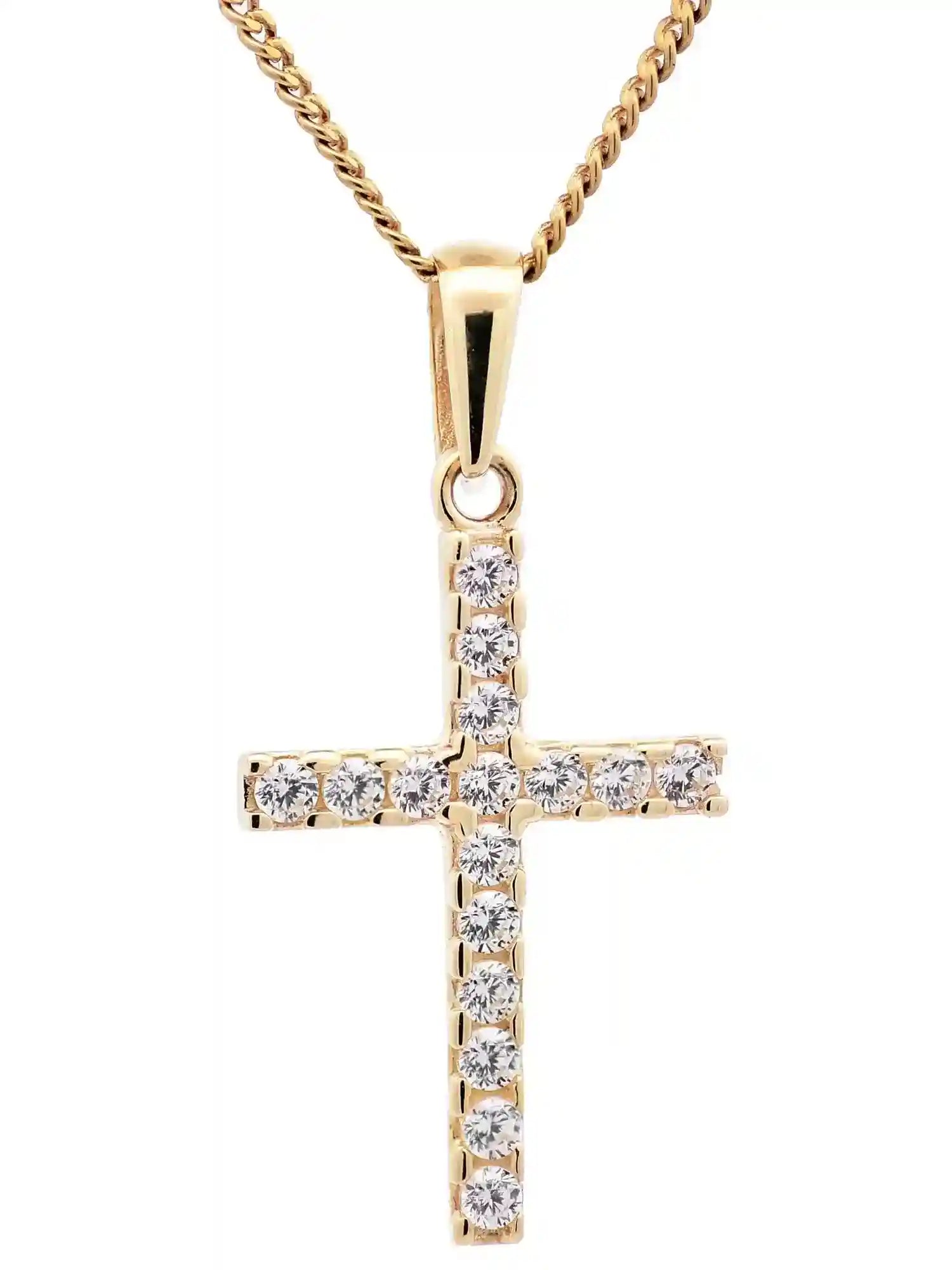 Anhänger Kreuz Zirkonia 333-8 Karat Gold mit vergoldeter Silberkette - Firma Holzenplotz - Silberketten-Goldketten.de 