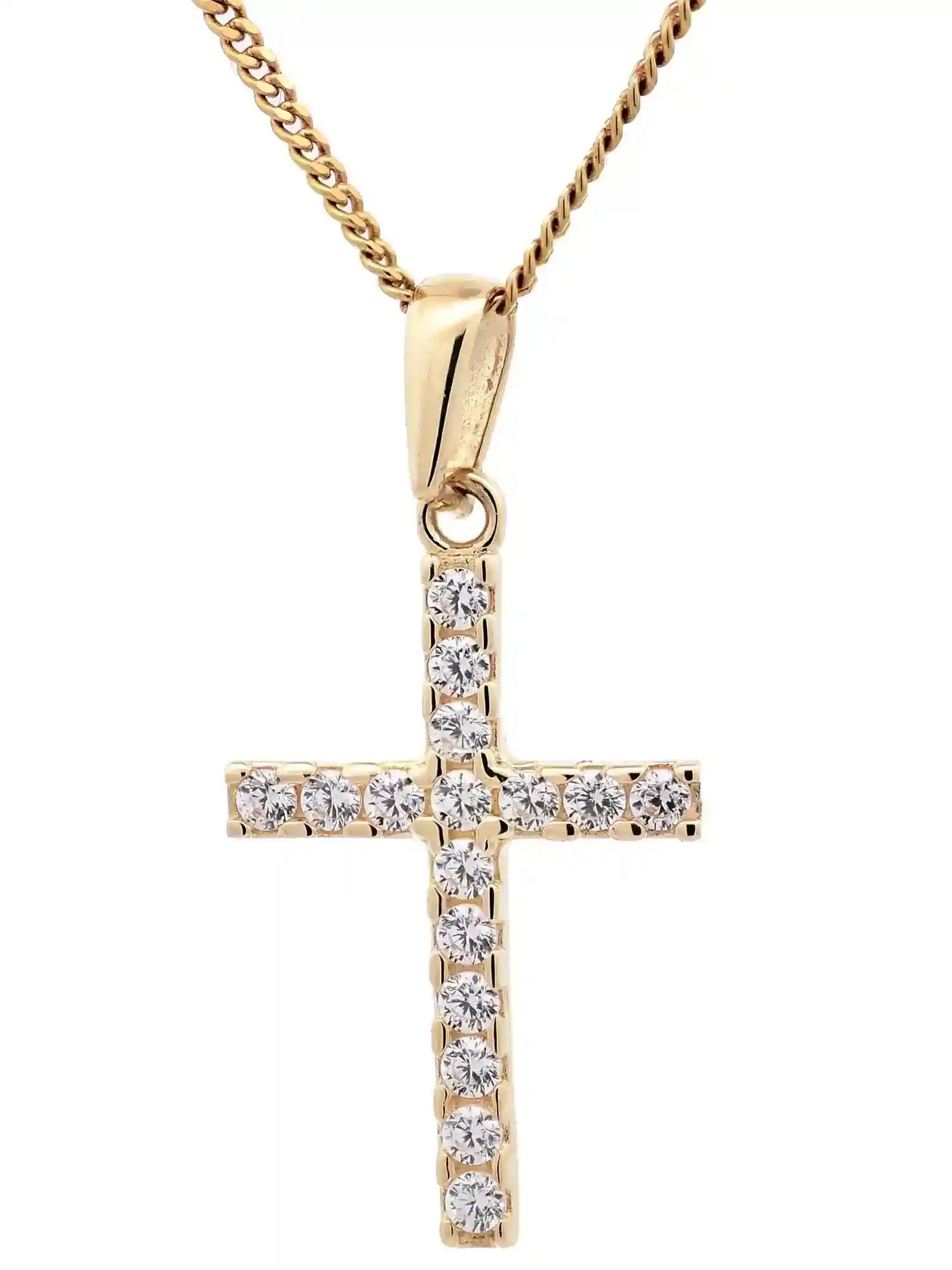 Anhänger Kreuz Zirkonia 333-8 Karat Gold mit vergoldeter Silberkette - Firma Holzenplotz - Silberketten-Goldketten.de 