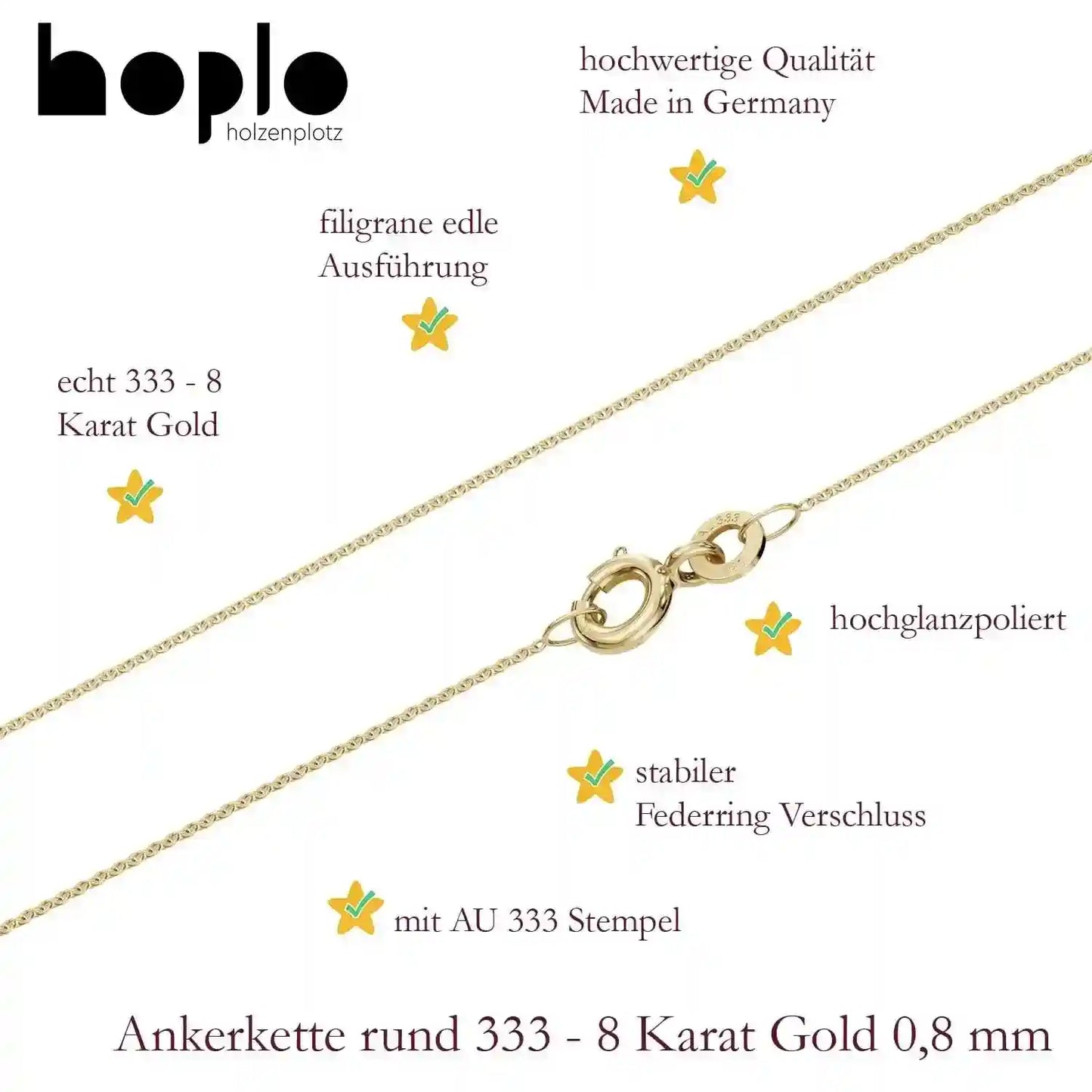 Ankerkette rund Halskette Breite 0,8 mm - 333 - 8 Karat Gold Auswahl - Firma Holzenplotz - Silberketten-Goldketten.de 