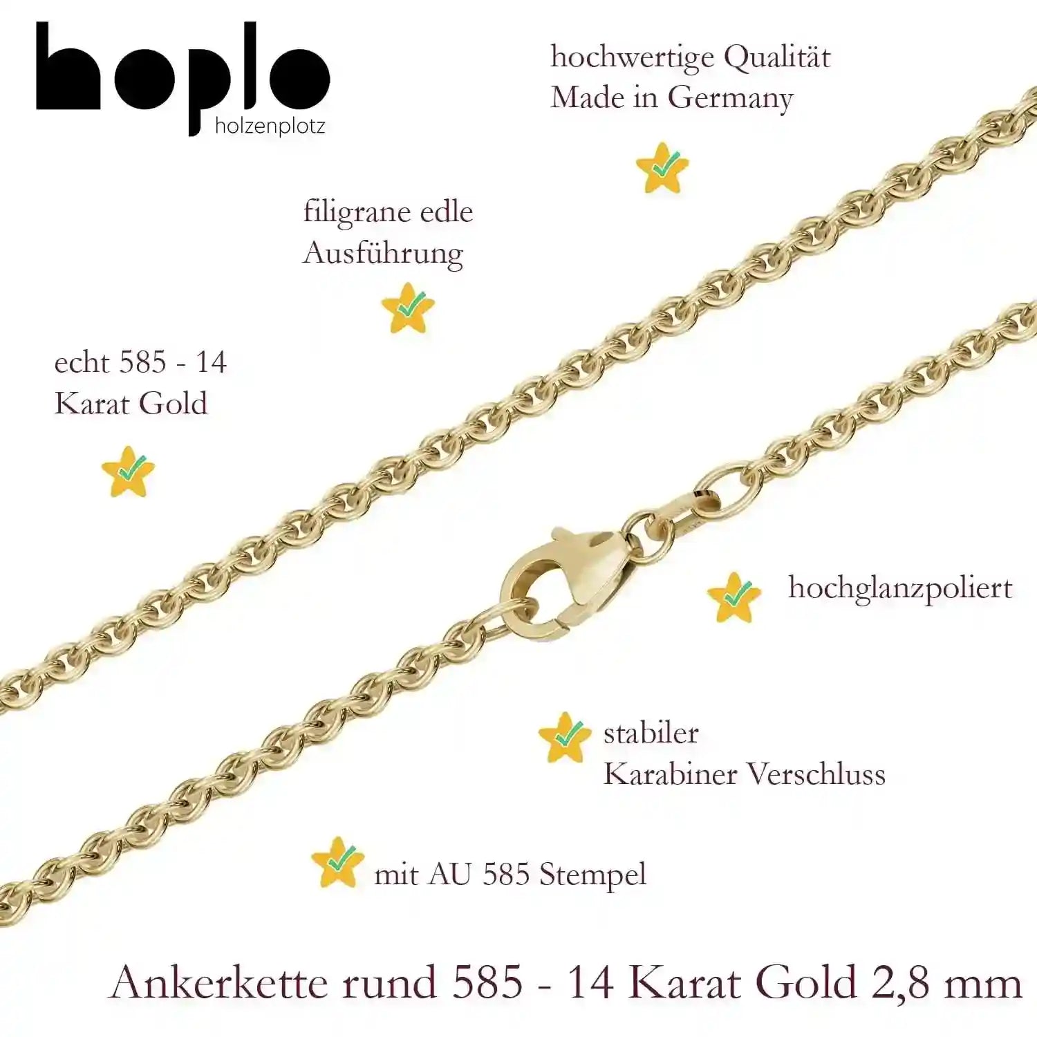 Ankerkette rund Halskette Breite 2,8 mm - 585 - 14 Karat Gold Auswahl - Firma Holzenplotz - Silberketten-Goldketten.de 