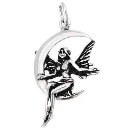 Auf Mond sitzende Fee, Elfe Schmuck Anhänger 925er Silber - Elfen Feen