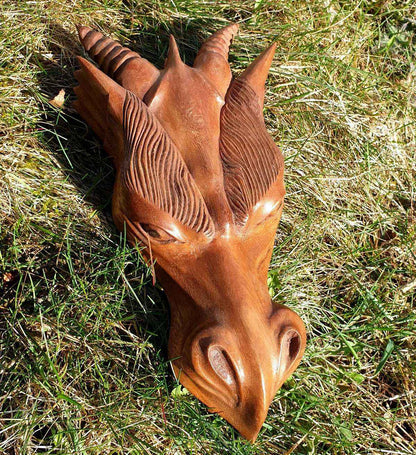 Drachenkopf mächtig handgearbeitet  Wandbild Holz Drache Kopf Fantasy 32cm