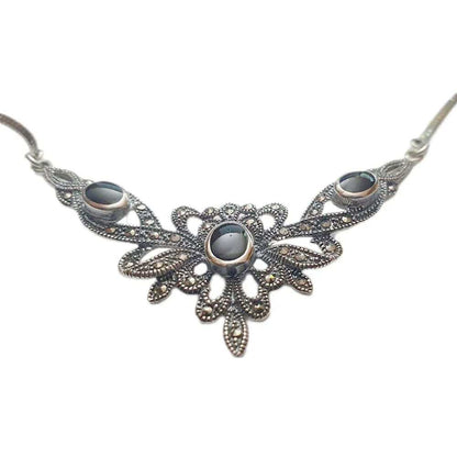 Elegantes Collier Mittelalter Gothic Vintage Jugendstil Onyx Anhänger 925er Silber