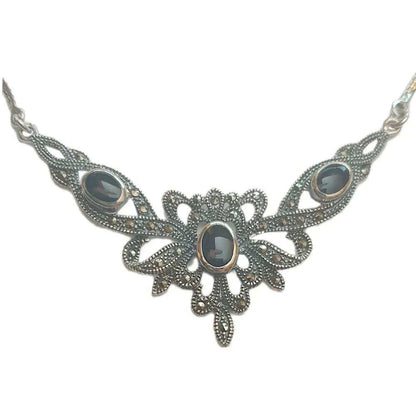 Elegantes Collier Mittelalter Gothic Vintage Jugendstil Onyx Anhänger 925er Silber