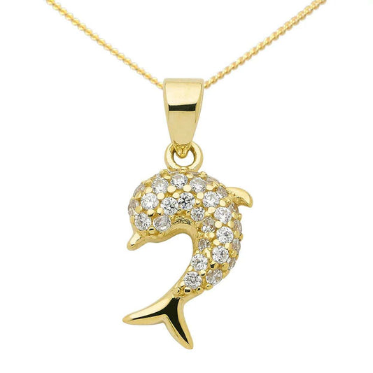 Gold Anhänger Delphin Zirkonia mit Goldkette massiv 333 -8 Karat Gold
