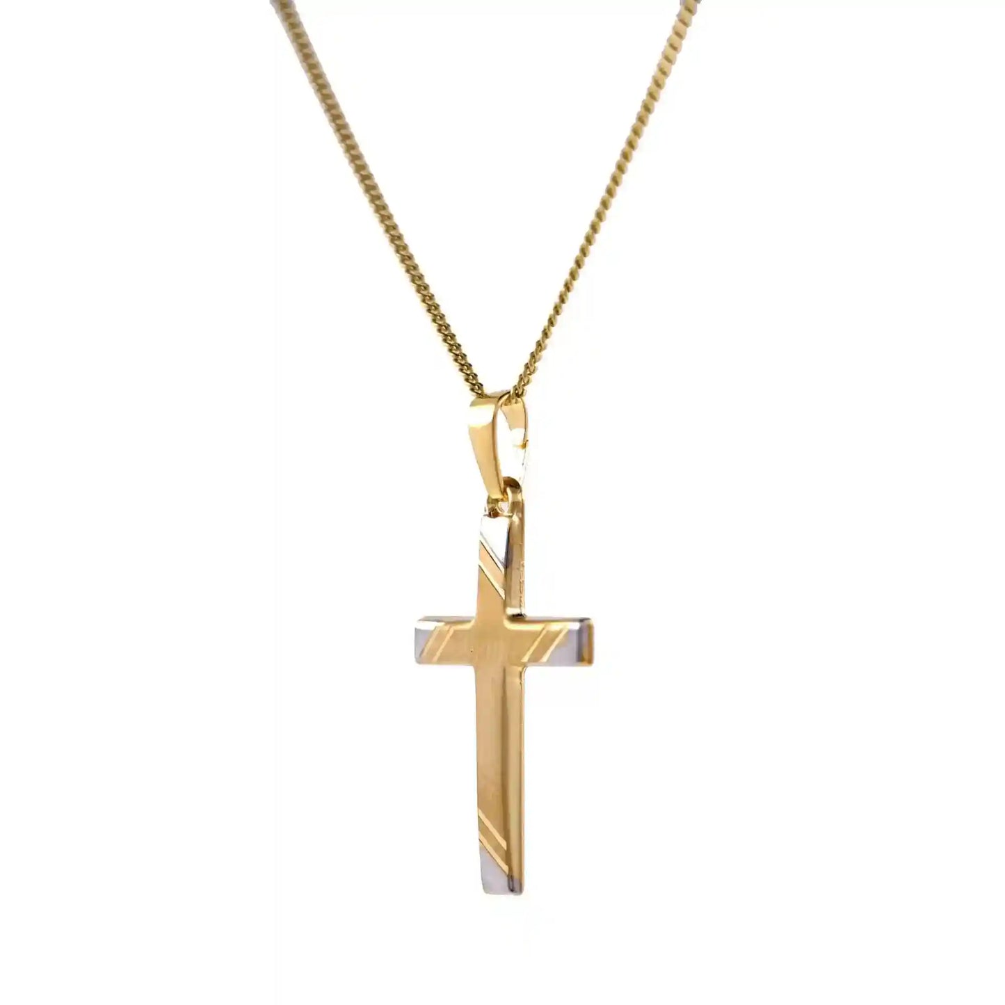 Gold Anhänger Kreuz mit Goldkette massiv 585-14 Karat Gold rhodiniert