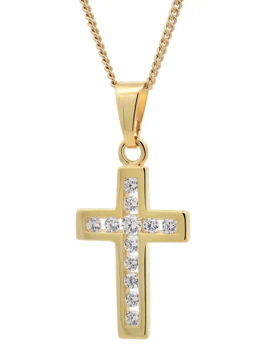 Gold Anhänger Kreuz Zirkonia mit Goldkette massiv 375 - 9 Karat Gold - Firma Holzenplotz - Silberketten-Goldketten.de 