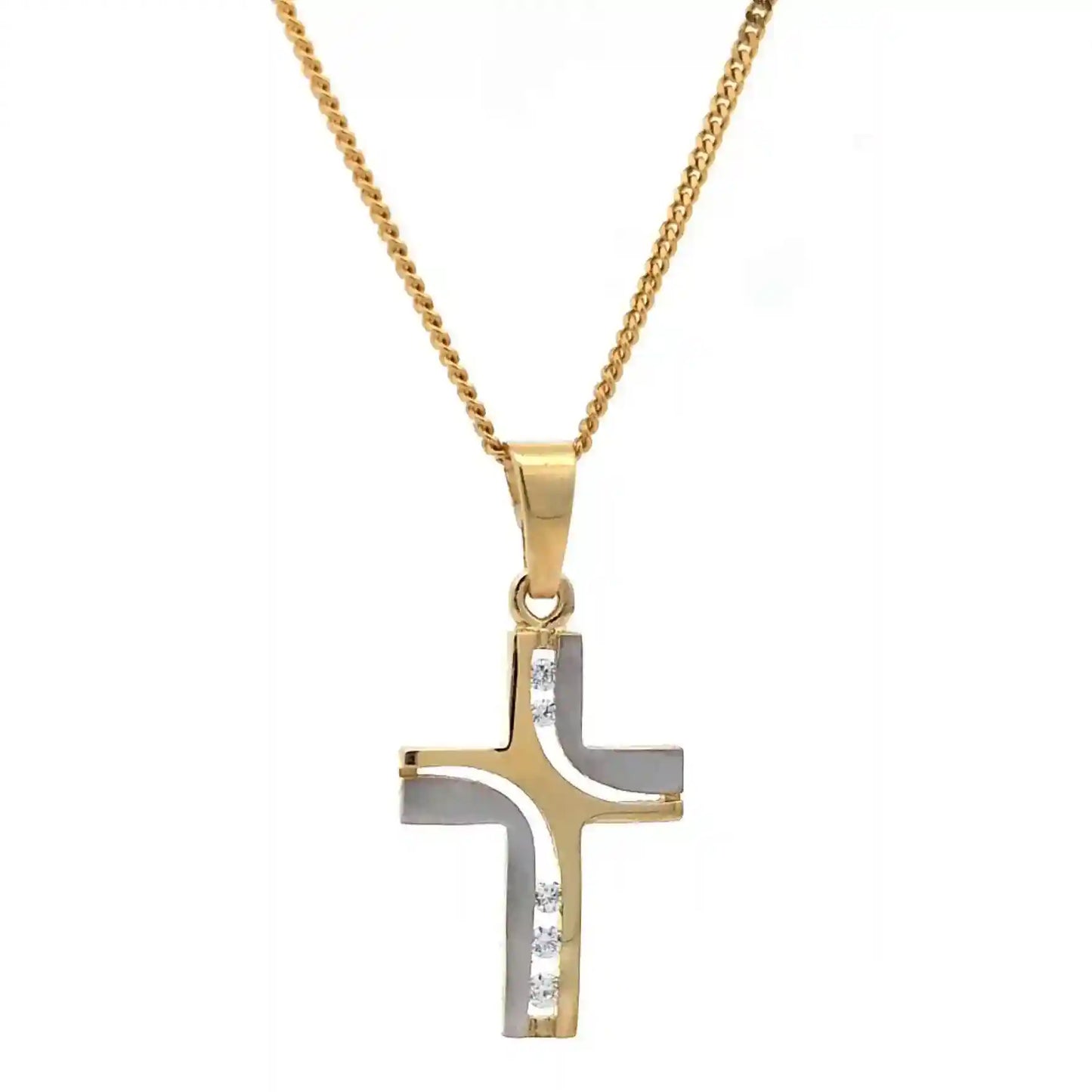 Gold Anhänger Kreuz Zirkonia mit Goldkette massiv 585-14 Karat Gold