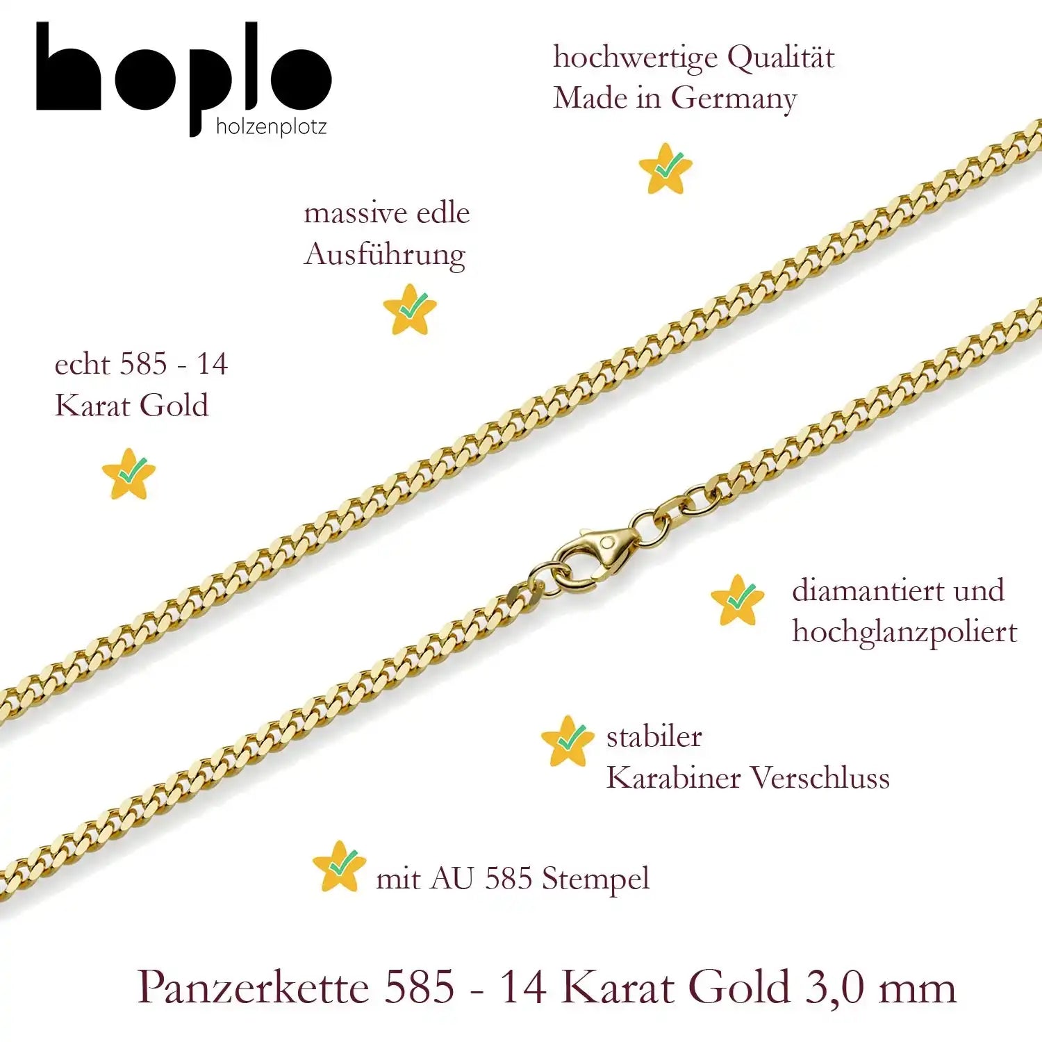 Goldarmband Panzerkette Armkette Breite 3,0mm massiv 585 - 14 Karat Gold - Firma Holzenplotz - Silberketten - Goldketten.de