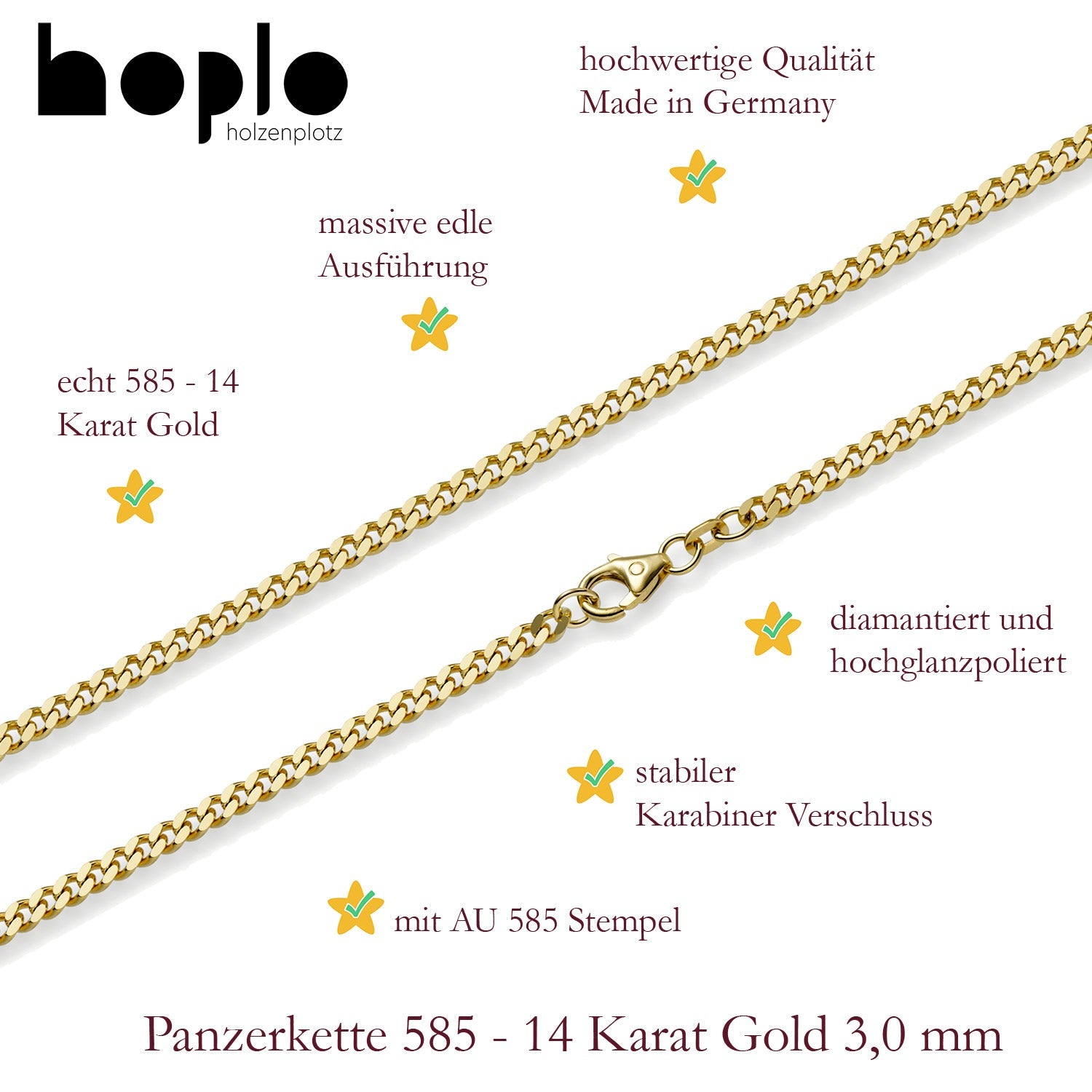 Goldarmband Panzerkette Armkette Breite 3,0mm massiv 585 - 14 Karat Gold - Firma Holzenplotz - Silberketten - Goldketten.de