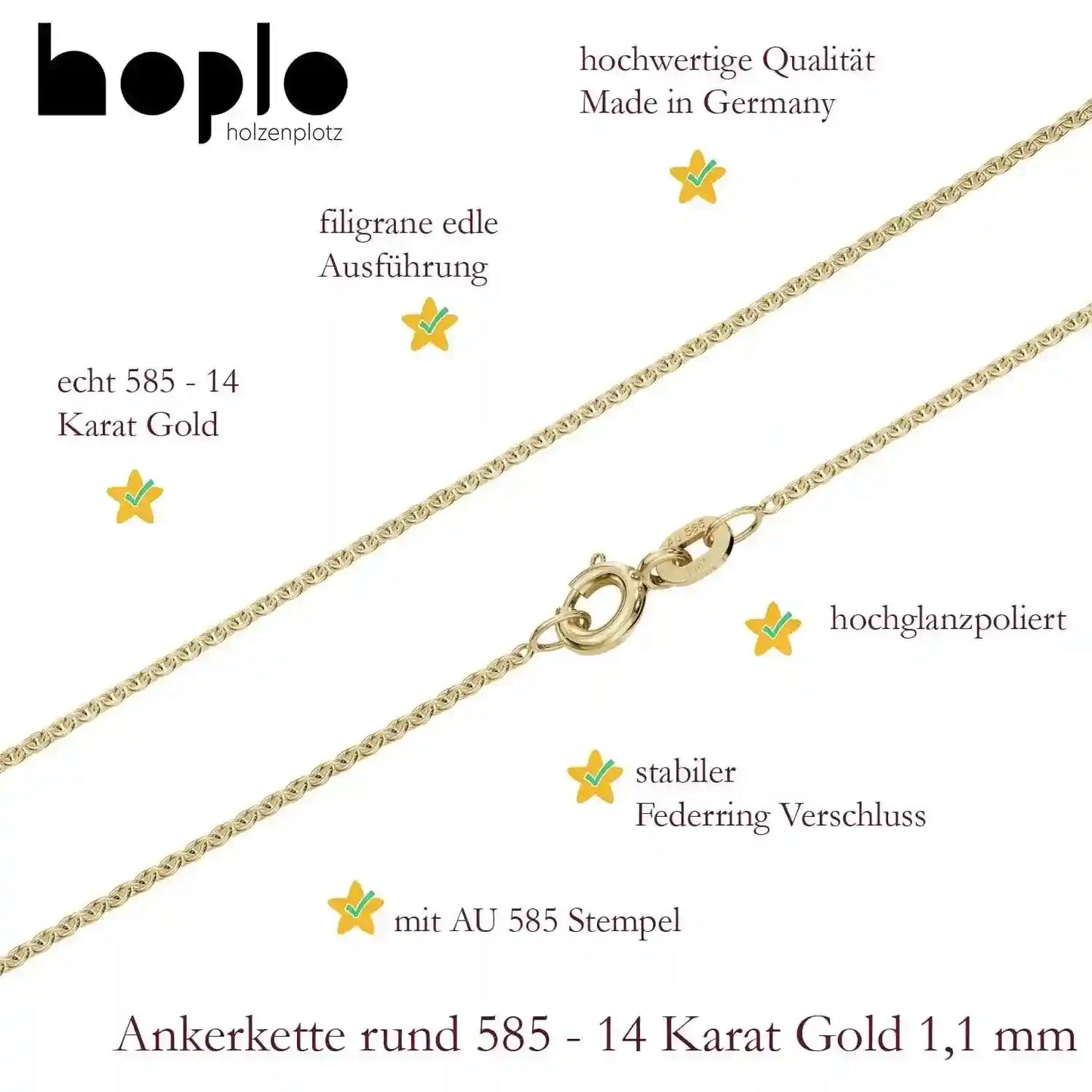 Goldkette Ankerkette Breite 1,1mm - 585-14 Karat Gold - Firma Holzenplotz - Silberketten-Goldketten.de 