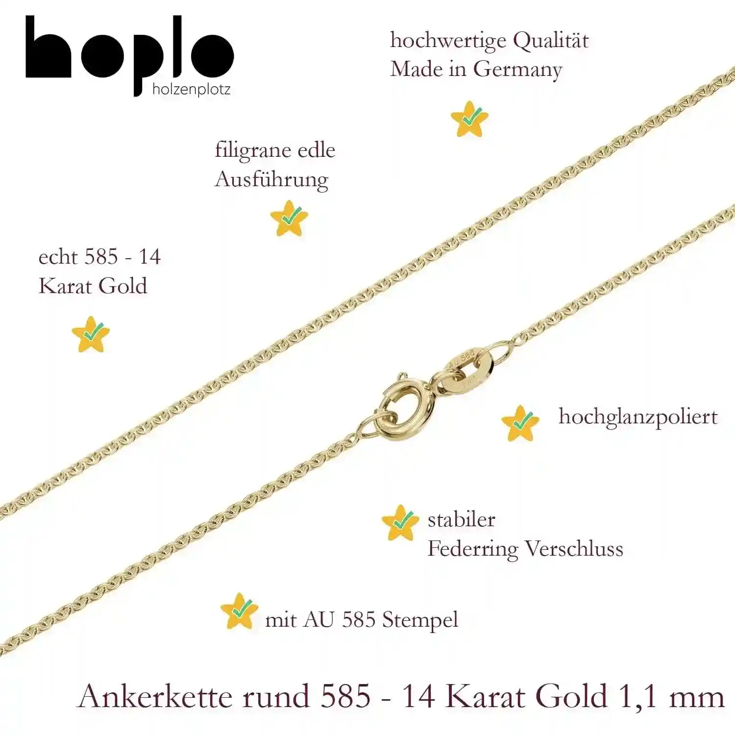 Goldkette Ankerkette Breite 1,1mm - 585-14 Karat Gold - Firma Holzenplotz - Silberketten-Goldketten.de 