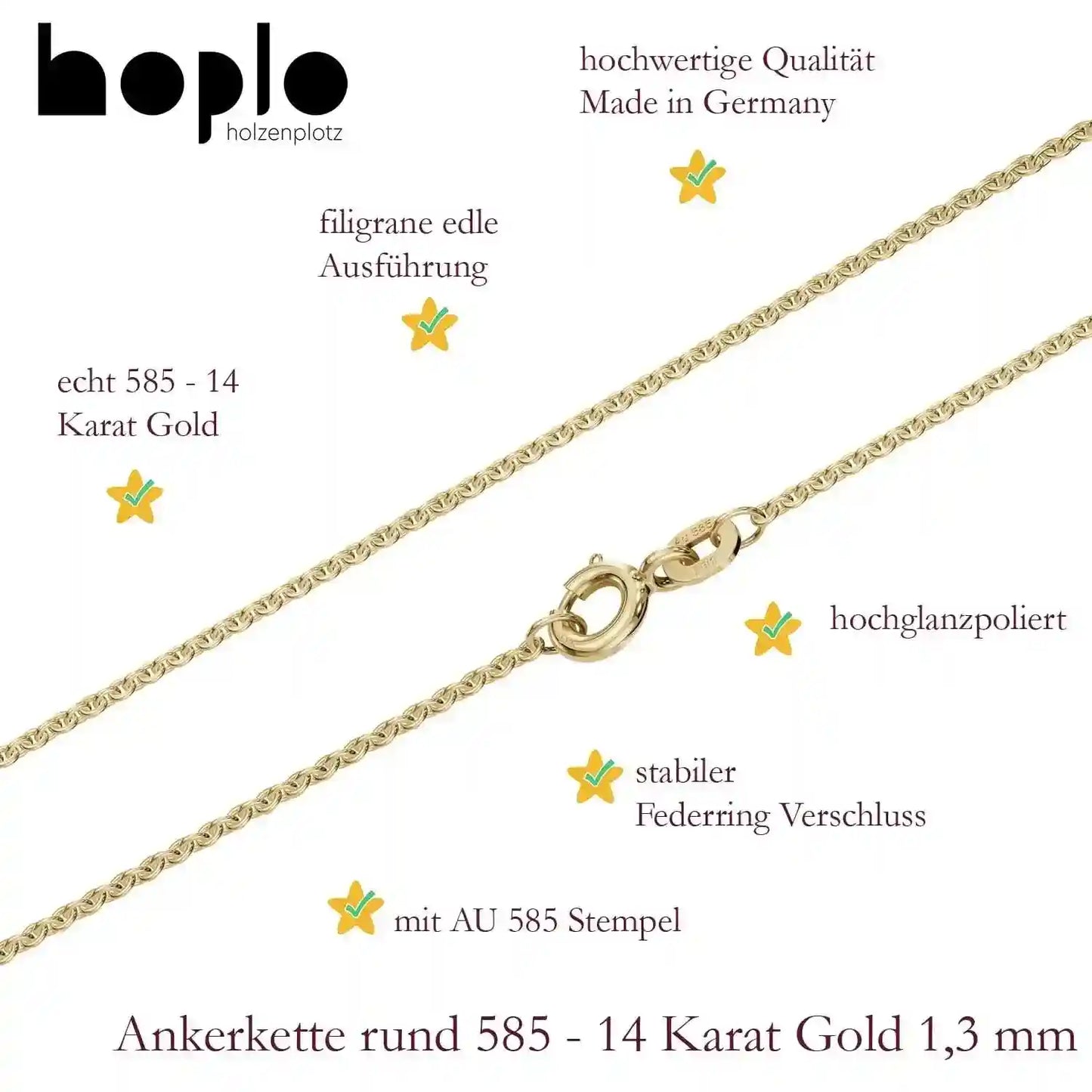 Goldkette Ankerkette Breite 1,3mm - 585-14 Karat Gold - Firma Holzenplotz - Silberketten-Goldketten.de 