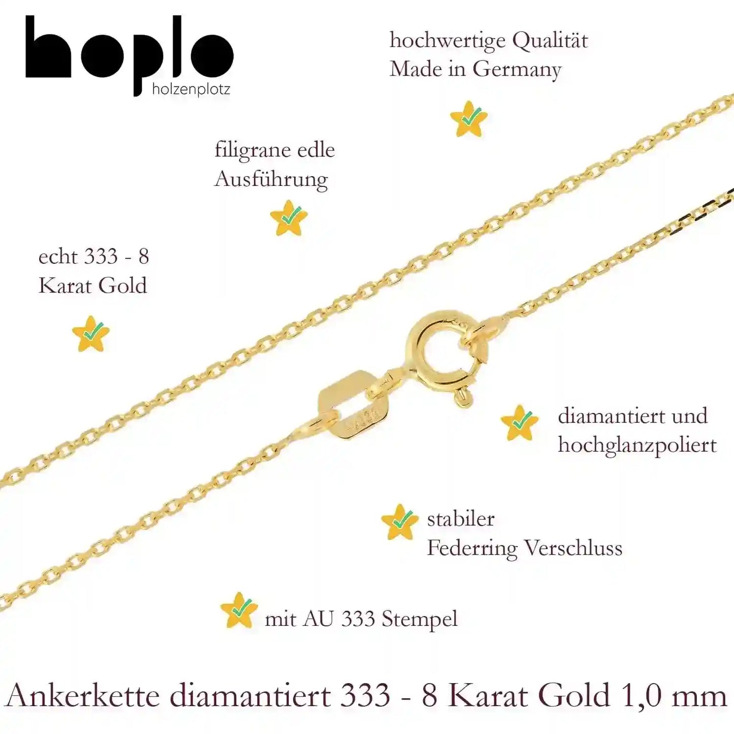 Goldkette Ankerkette diamantiert Halskette 1,0 mm 333-8 Karat Gold