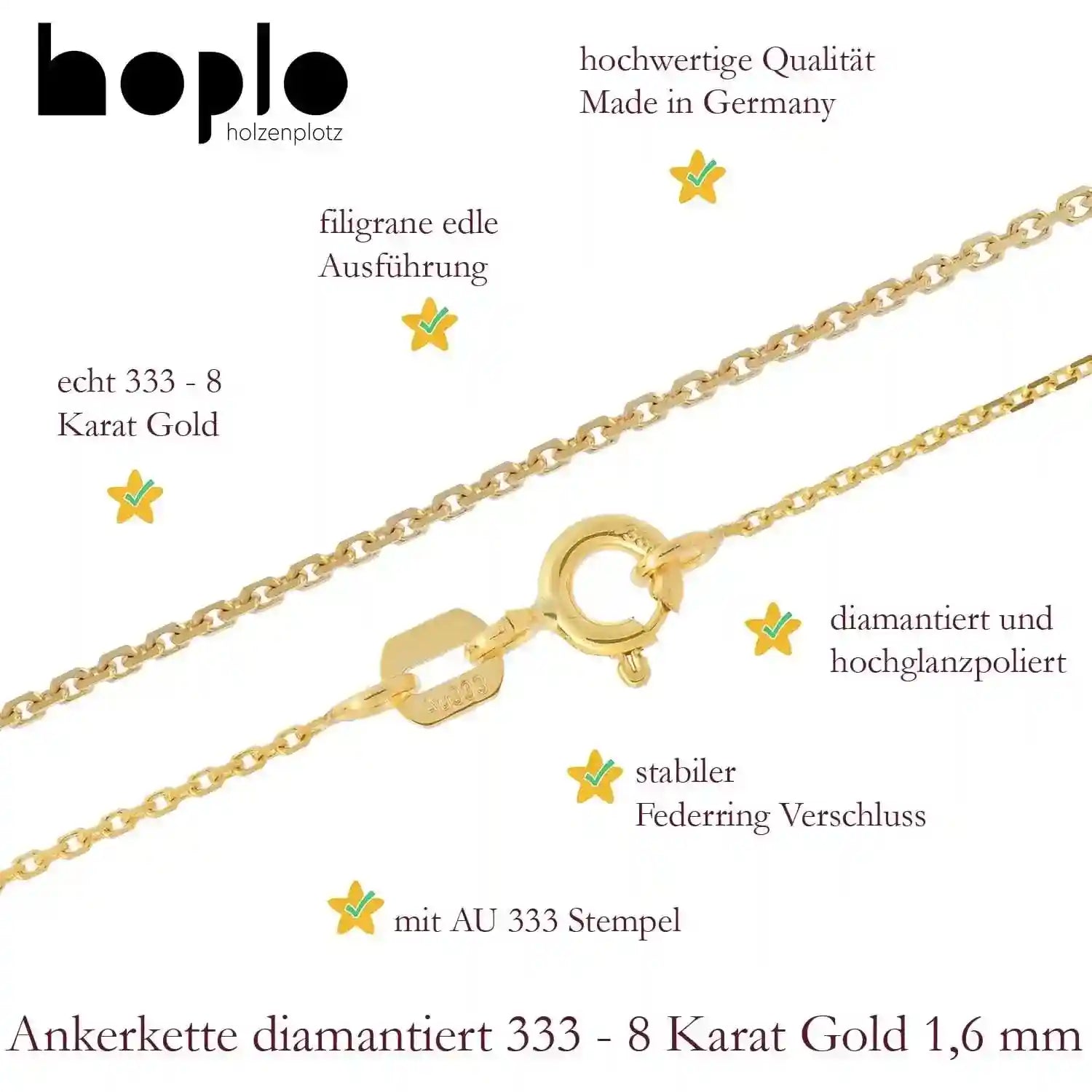 Goldkette Ankerkette diamantiert Halskette 1,6 mm 333-8 Karat Gold - Firma Holzenplotz - Silberketten-Goldketten.de 
