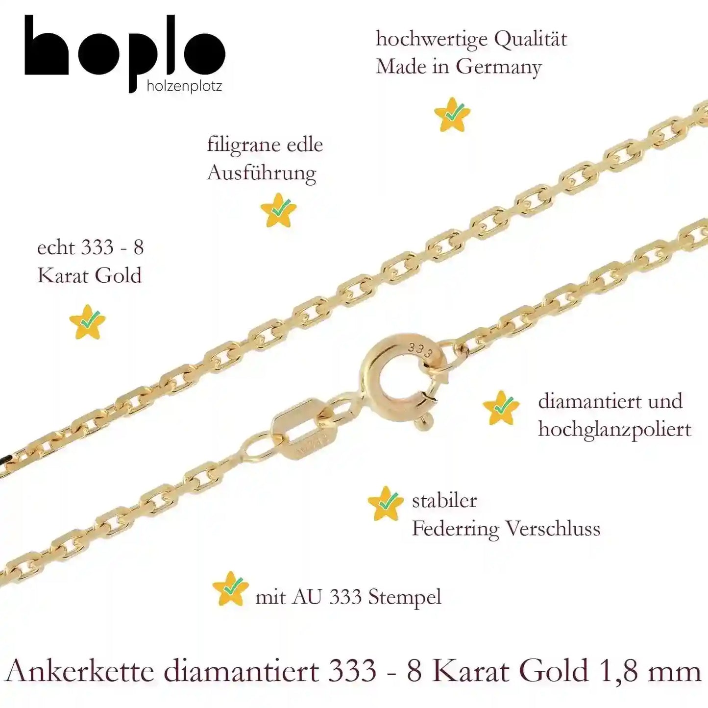 Goldkette Ankerkette diamantiert Halskette 1,8 mm 333-8 Karat Gold