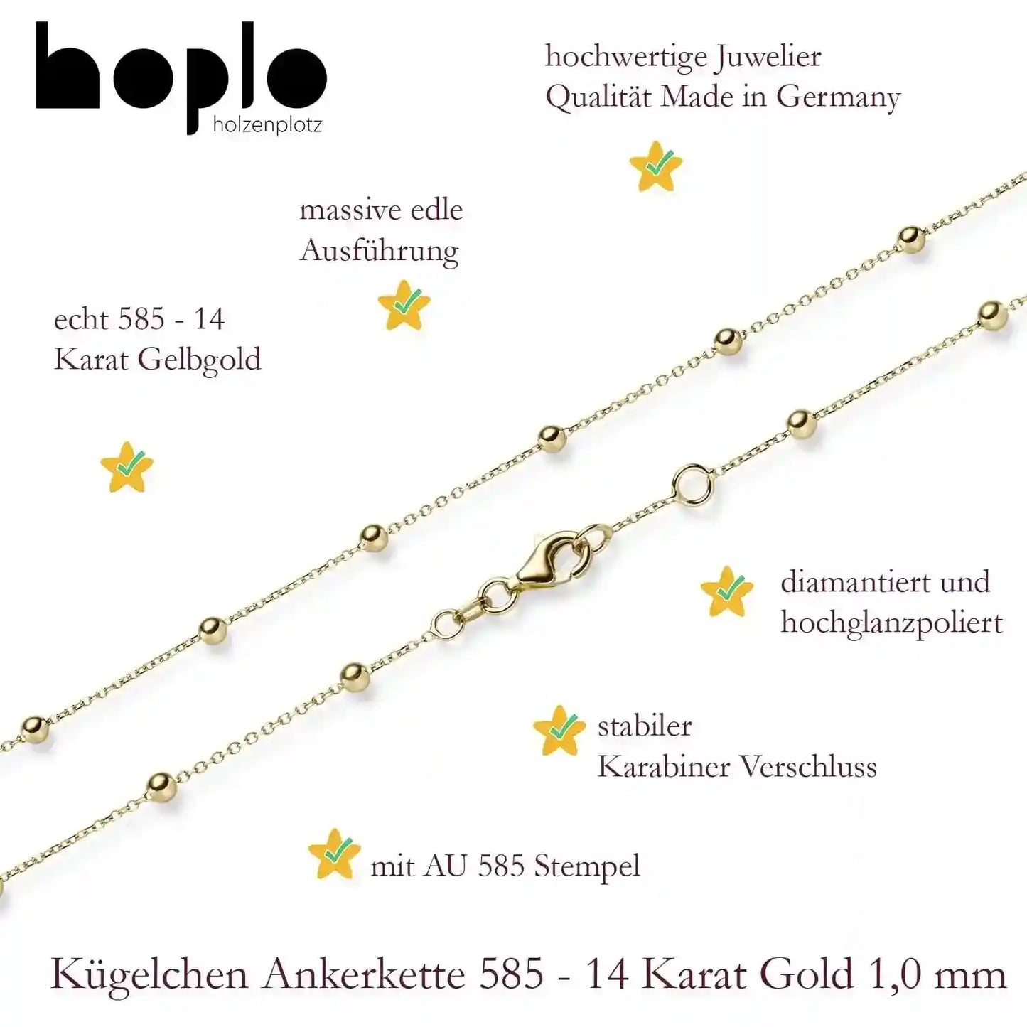 Goldkette Ankerkette mit Kügelchen 1,0 mm massiv 585-14 Karat Gold - Firma Holzenplotz - Silberketten-Goldketten.de 