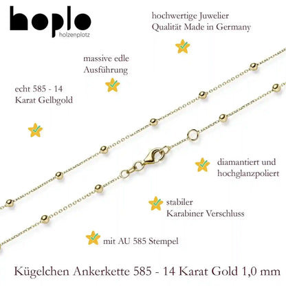 Goldkette Ankerkette mit Kügelchen 1,0 mm massiv 585-14 Karat Gold - Firma Holzenplotz - Silberketten-Goldketten.de 