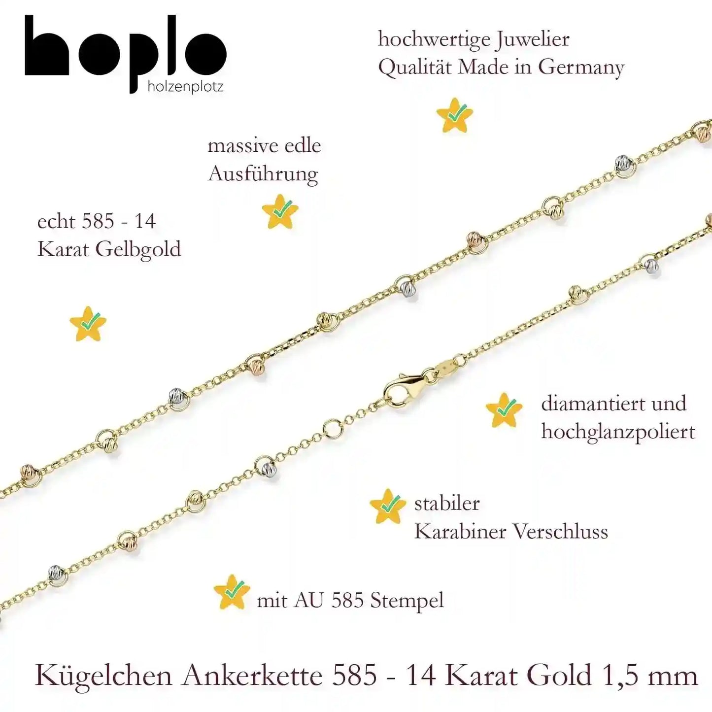 Goldkette Ankerkette mit Kügelchen diamantiert 1,5mm 585-14 Karat Gold