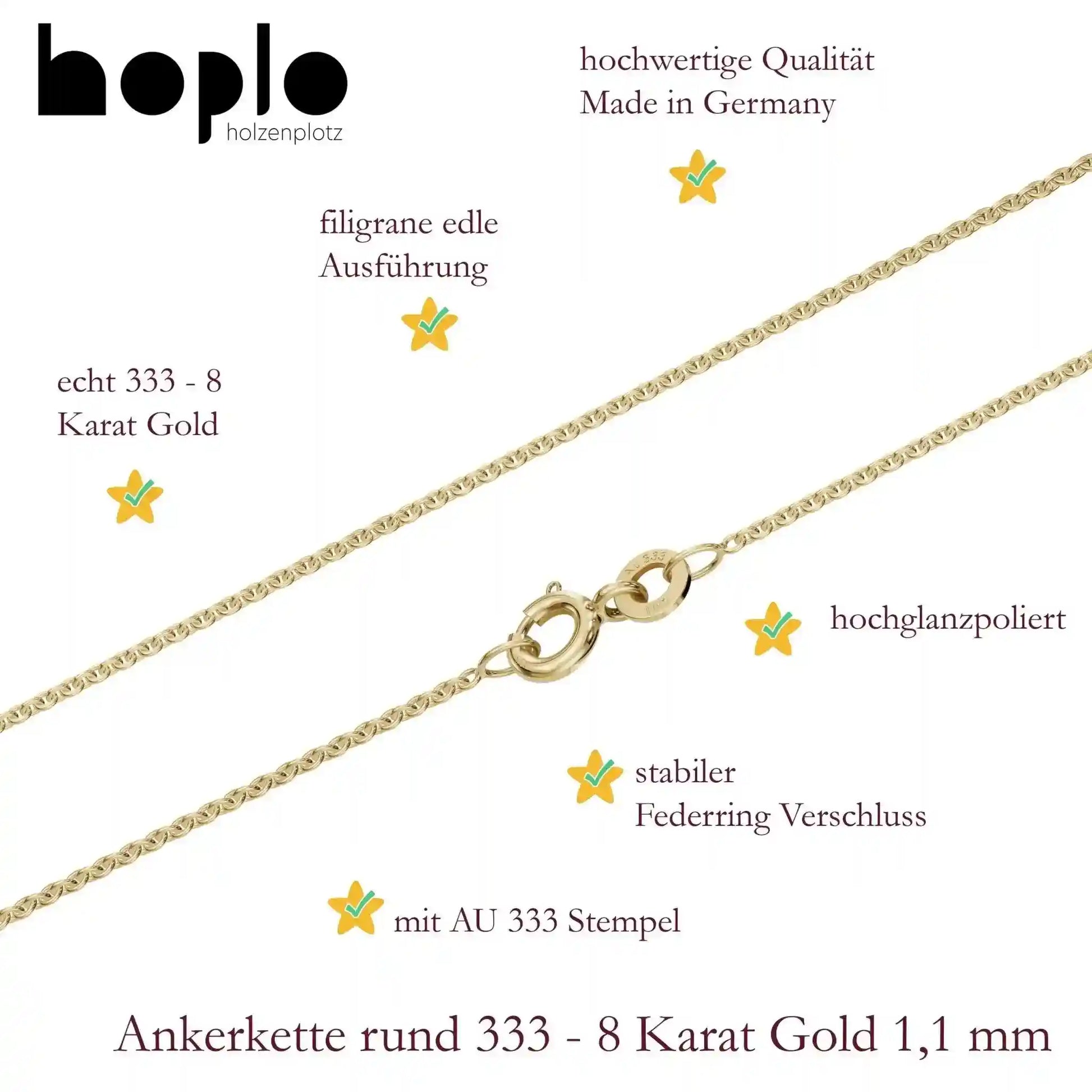Goldkette Ankerkette rund Halskette 1,1 mm massiv 333 - 8 Karat Gold - Firma Holzenplotz - Silberketten-Goldketten.de 