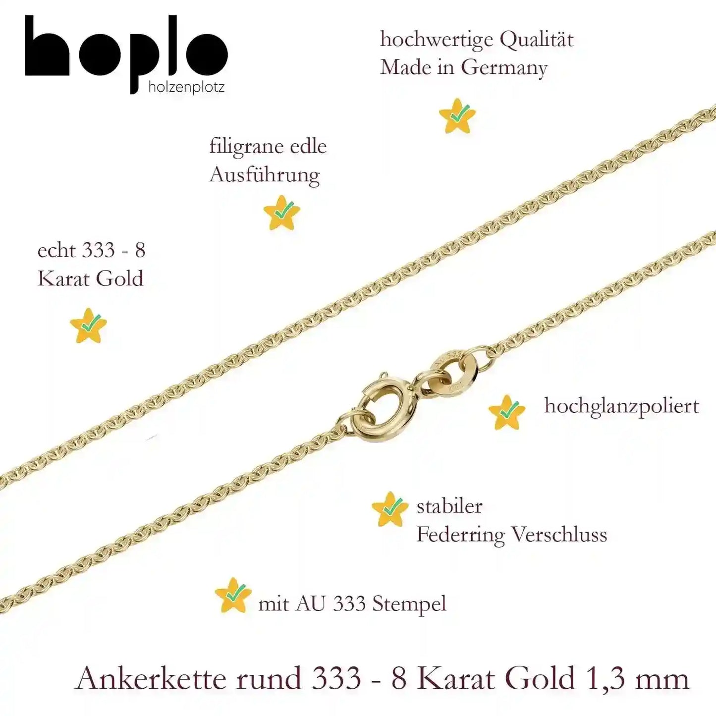 Goldkette Ankerkette rund Halskette 1,3 mm massiv 333 - 8 Karat Gold - Firma Holzenplotz - Silberketten-Goldketten.de 