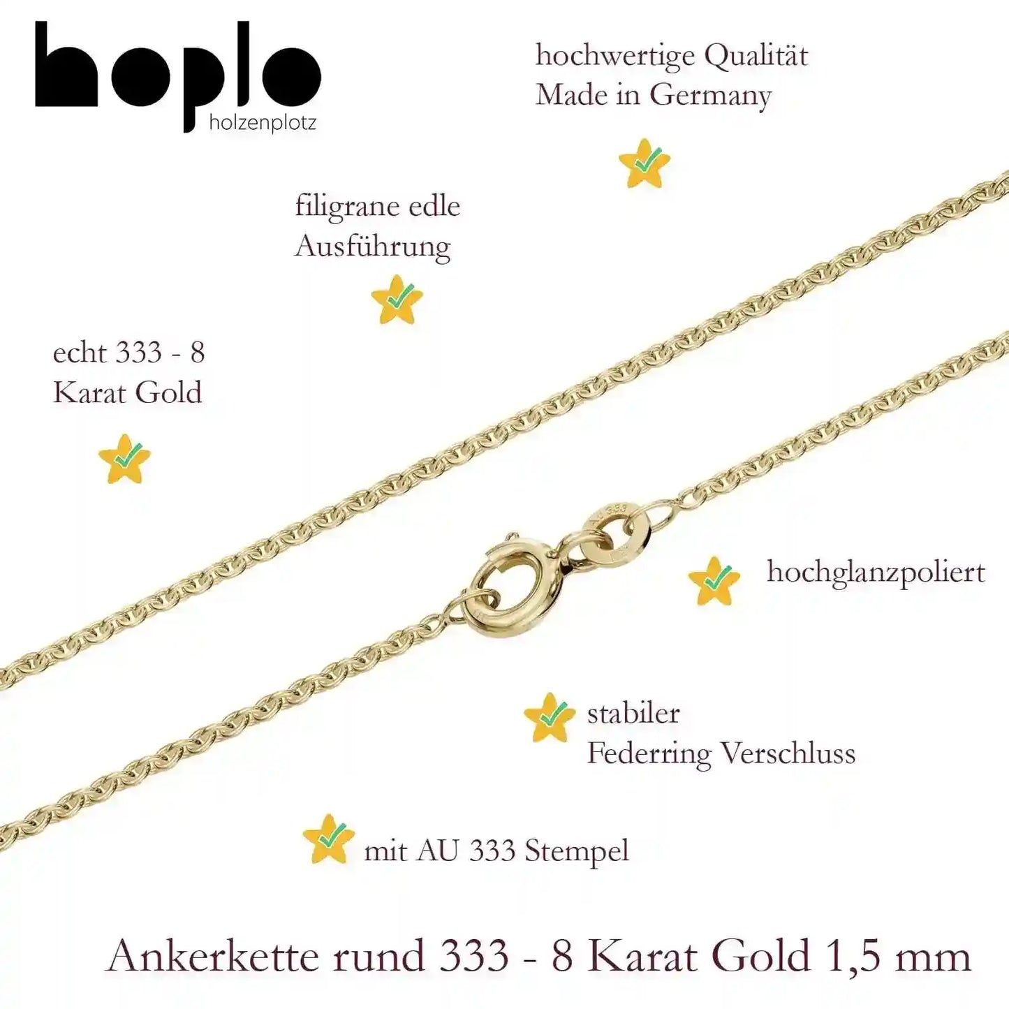 Goldkette Ankerkette rund Halskette Breite 1,5 mm - 333 - 8 Karat Gold - Firma Holzenplotz - Silberketten-Goldketten.de 