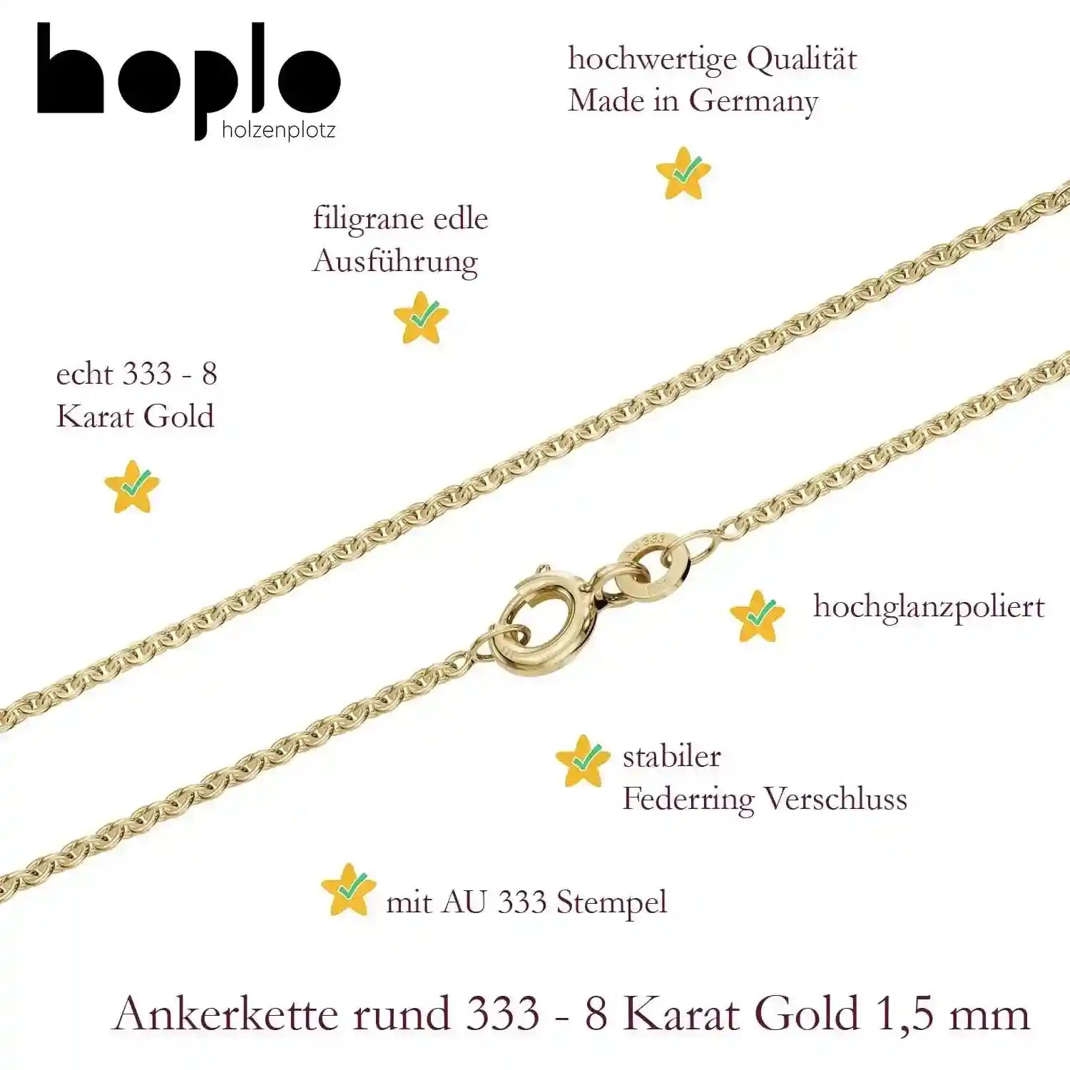 Goldkette Ankerkette rund Halskette Breite 1,5 mm - 333 - 8 Karat Gold - Firma Holzenplotz - Silberketten-Goldketten.de 