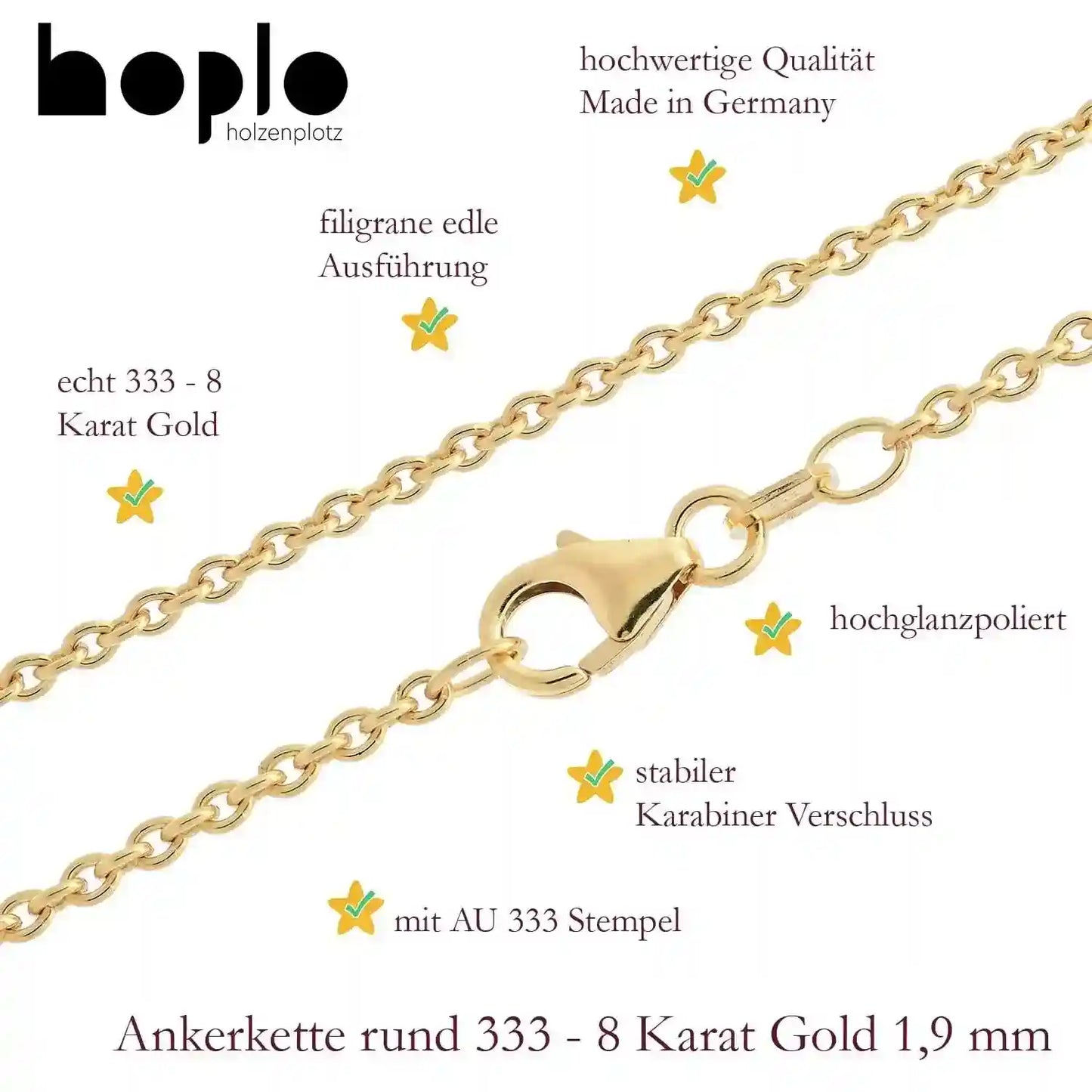 Goldkette Ankerkette rund Halskette Breite 1,9 mm - 333 - 8 Karat Gold - Firma Holzenplotz - Silberketten-Goldketten.de 